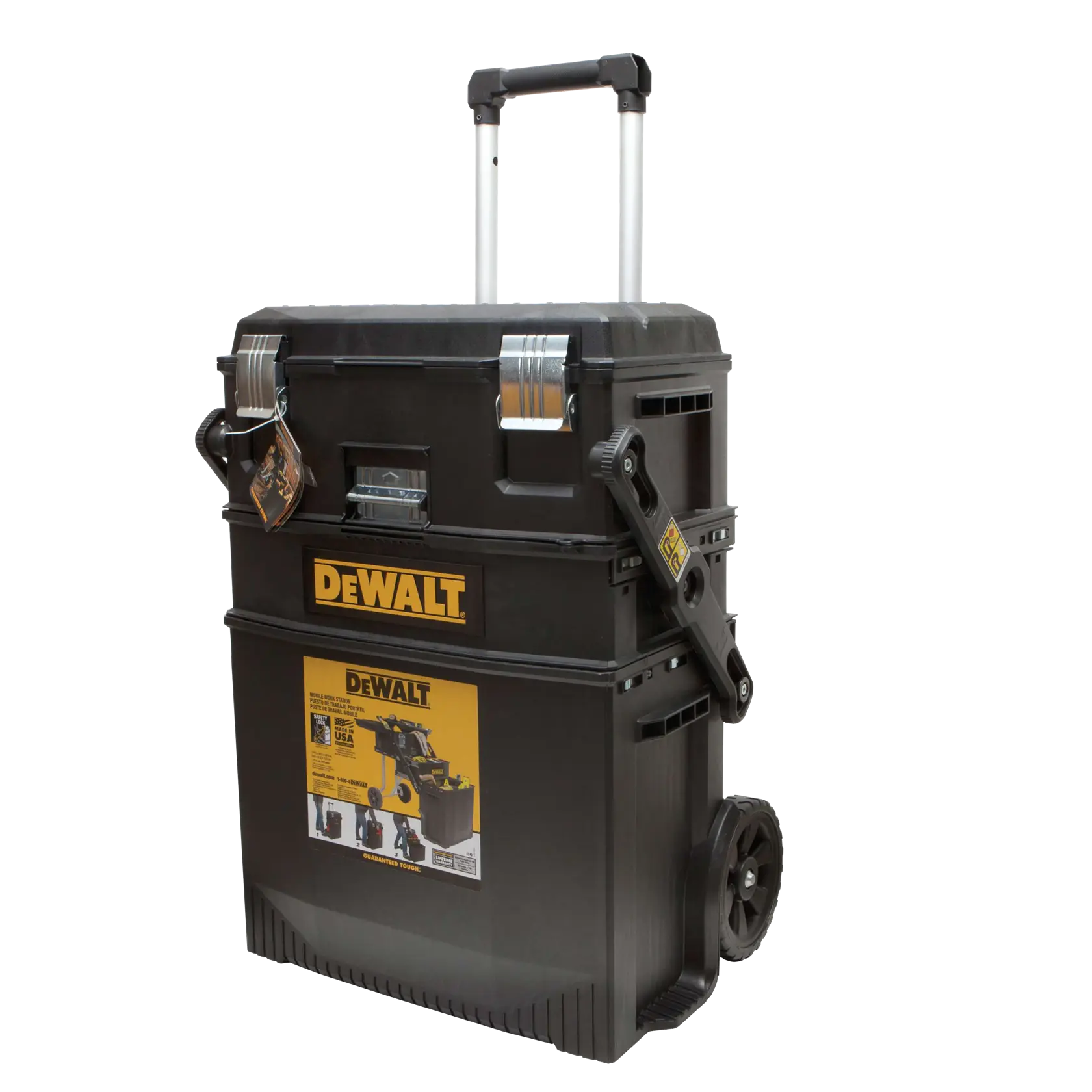 A DEWALT rolling tool box with multiple stackable compartments, a telescoping handle, and two wheels for easy transport. The box is black with silver metal clasps and features DEWALT branding and product information on the front.
