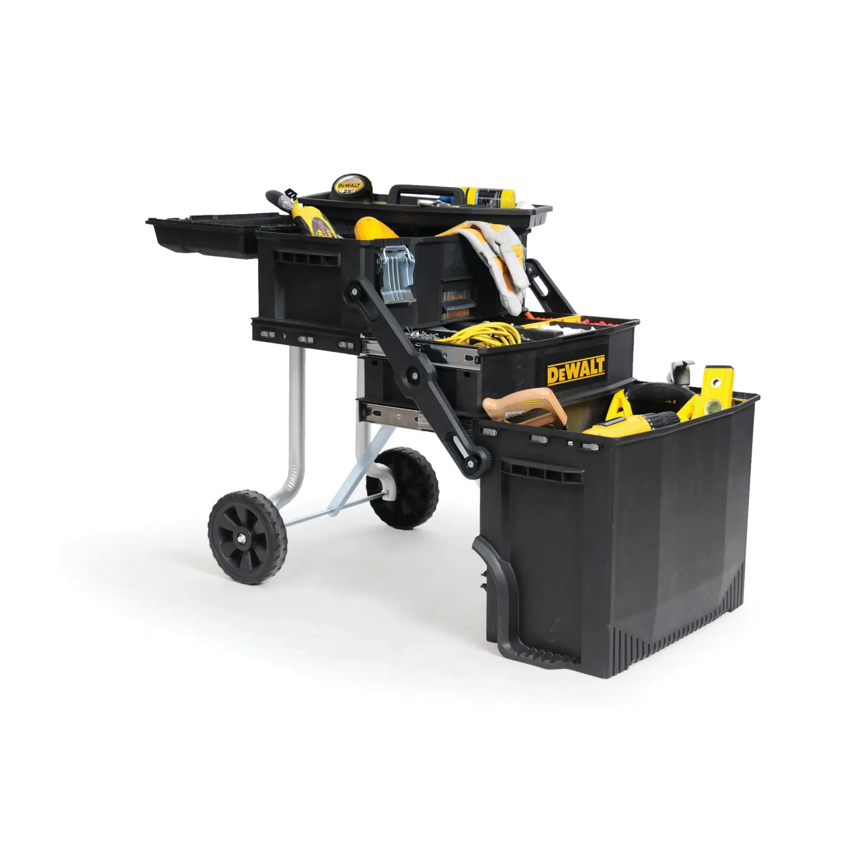 A DEWALT DWST20800 mobile tool workstation with wheels, featuring multiple storage compartments filled with various hand tools and accessories. The unit is displayed open and organized on a white background.