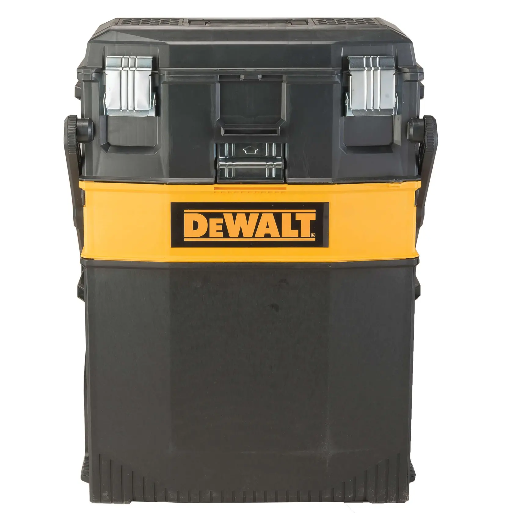 A DEWALT black and yellow portable tool box with metal latches and a sturdy handle, designed for convenient storage and transport of tools.
