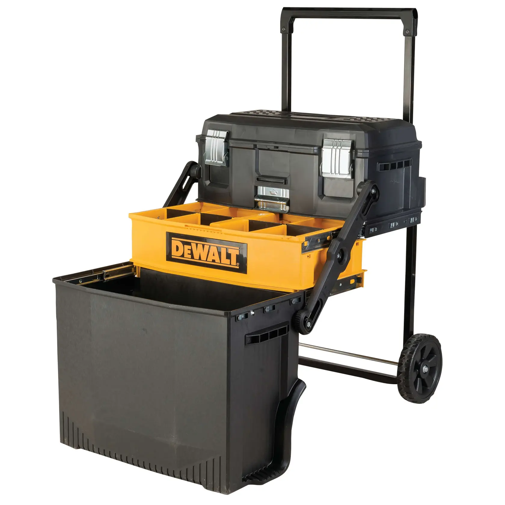 A DEWALT portable rolling tool box with multiple compartments, including a black main container, a yellow organizer tray, and a black top box with metal latches, all mounted on wheels and a telescopic handle.