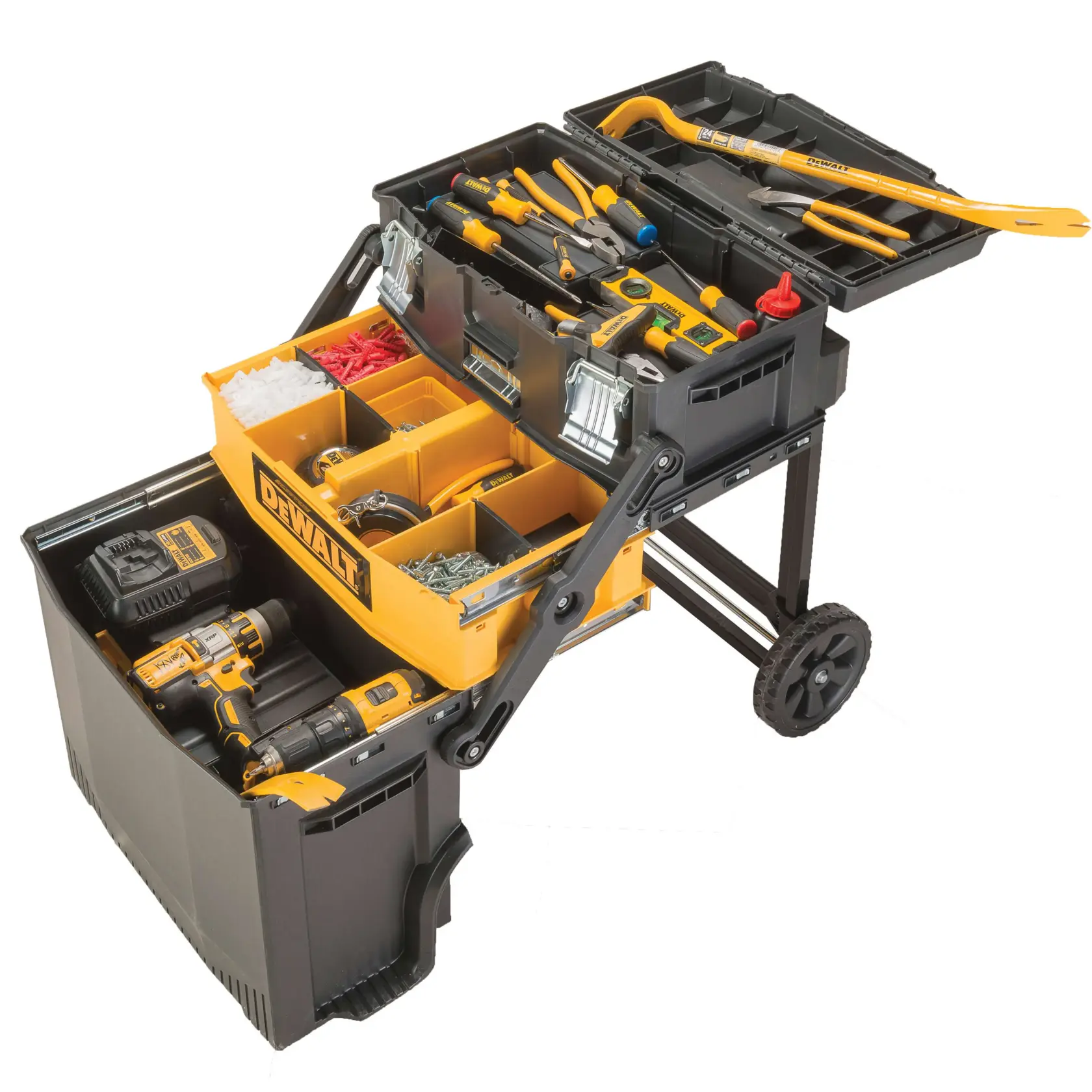 A DEWALT rolling tool box with multiple compartments, filled with various hand tools, hardware, and a power drill. The tool box is open and organized for easy access, featuring wheels and a handle for portability.
