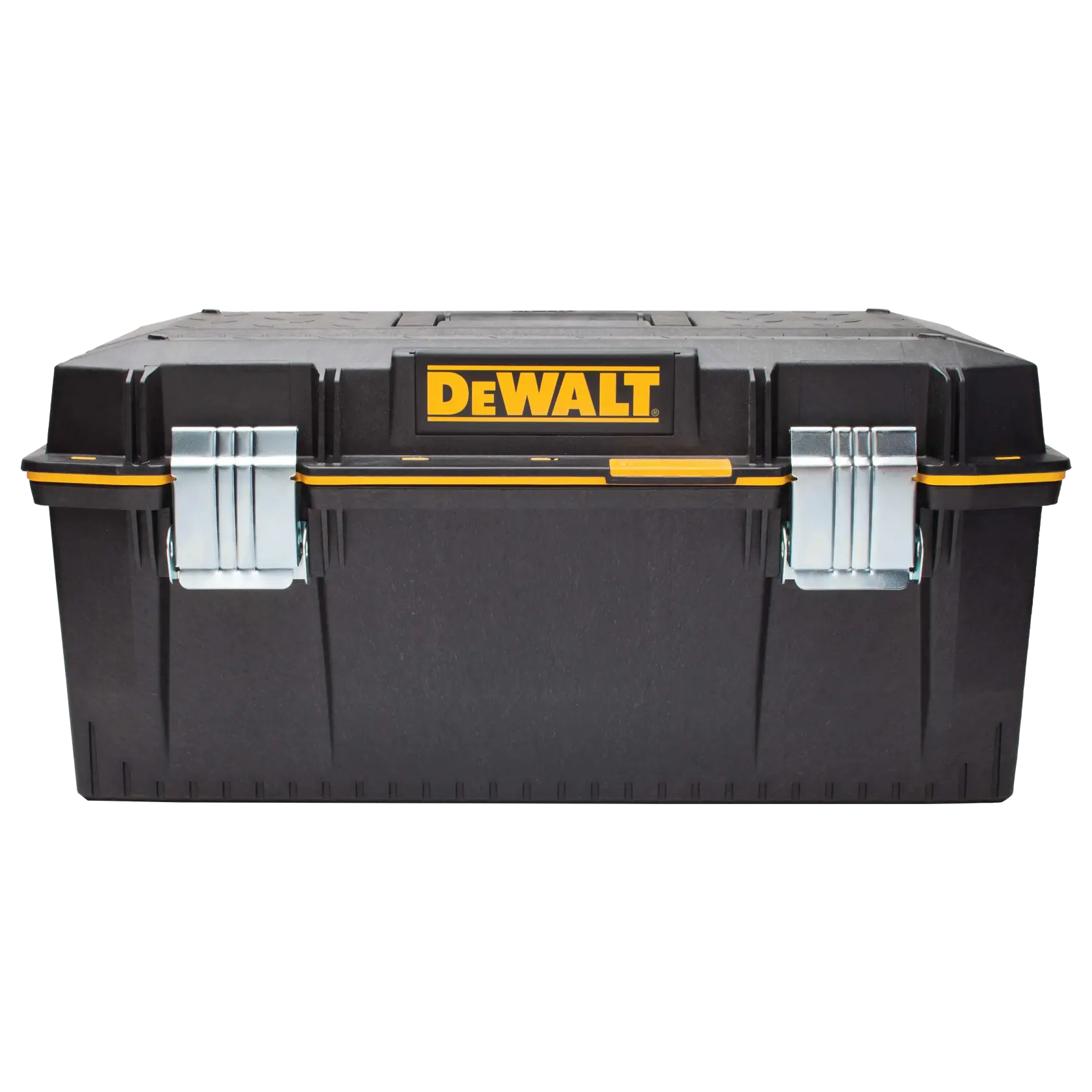 A black DEWALT toolbox with metal latches and a yellow accent, shown closed and viewed from the front.