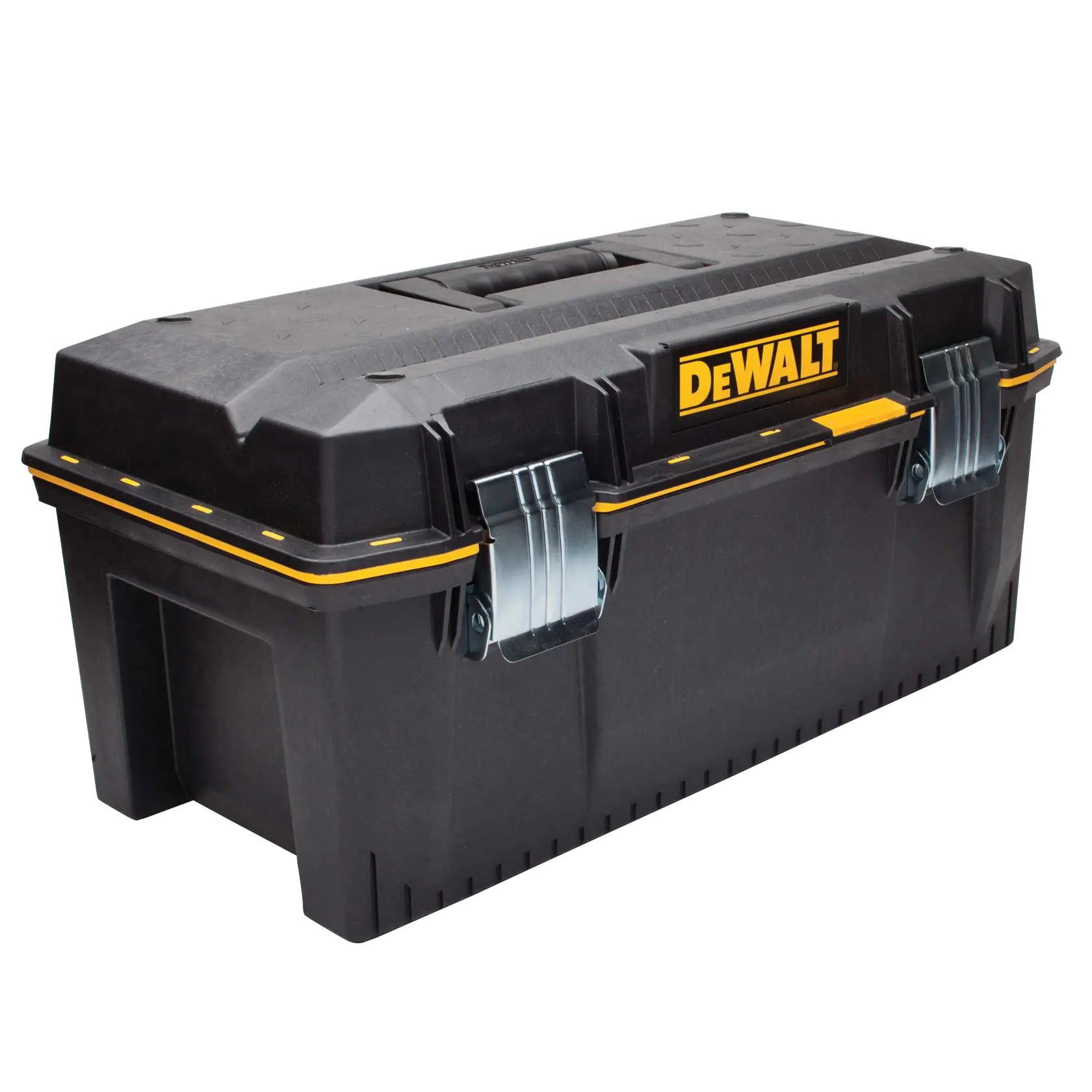 A black DEWALT plastic tool box with metal latches and a yellow DEWALT logo on the front. The tool box has a sturdy handle on top and reinforced edges.