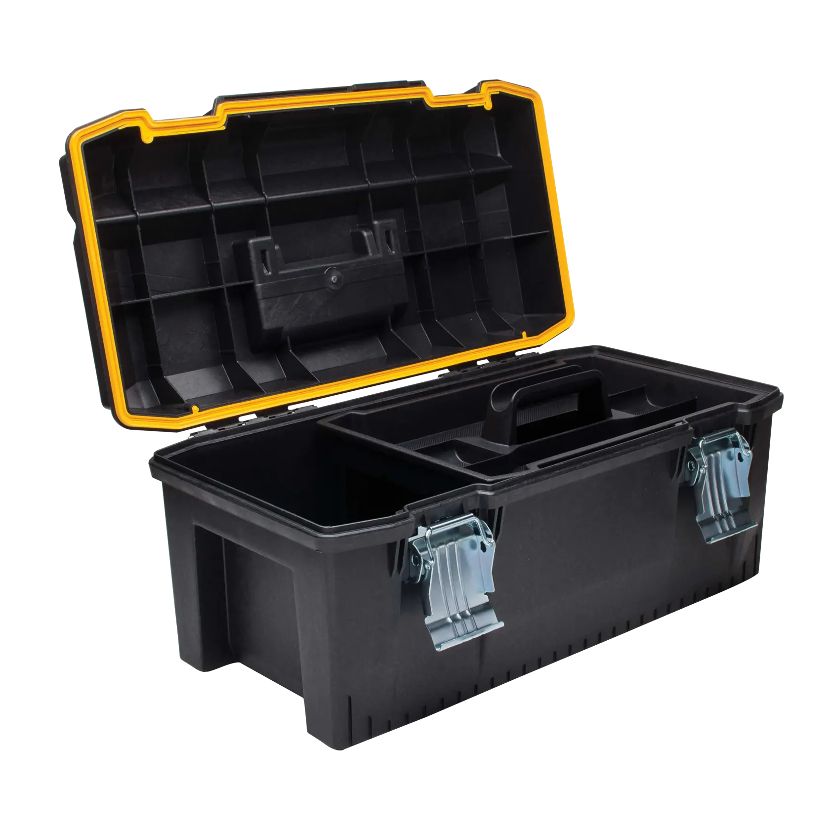 A black plastic toolbox with a yellow trim, open to show its storage compartments and metal latches on the front.