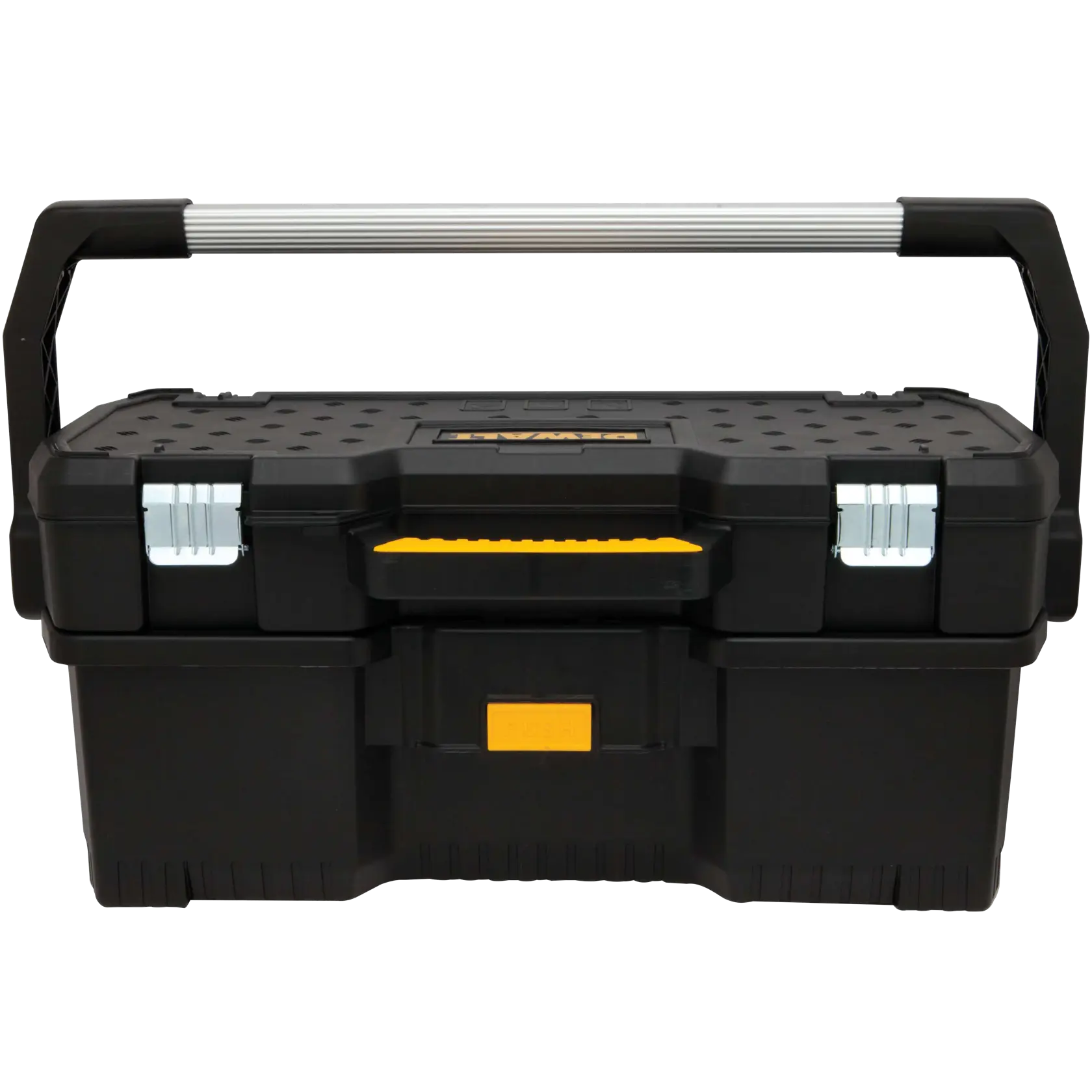 A black DEWALT toolbox with a sturdy silver and black handle, featuring metal latches and a yellow push button on the front.