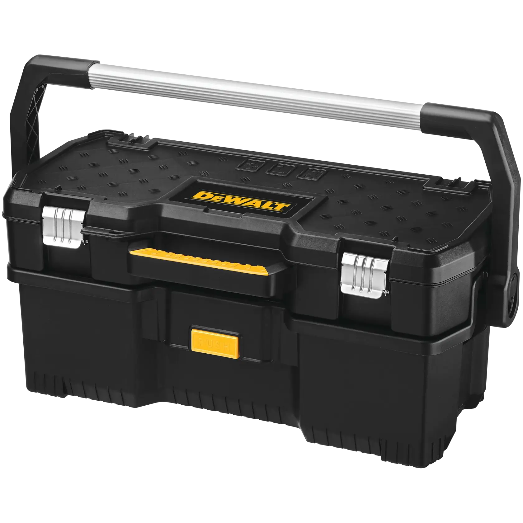 A black DEWALT tool box with a metal handle and yellow accents. The box has secure latches and a push button on the front. It is designed for storing and transporting tools.