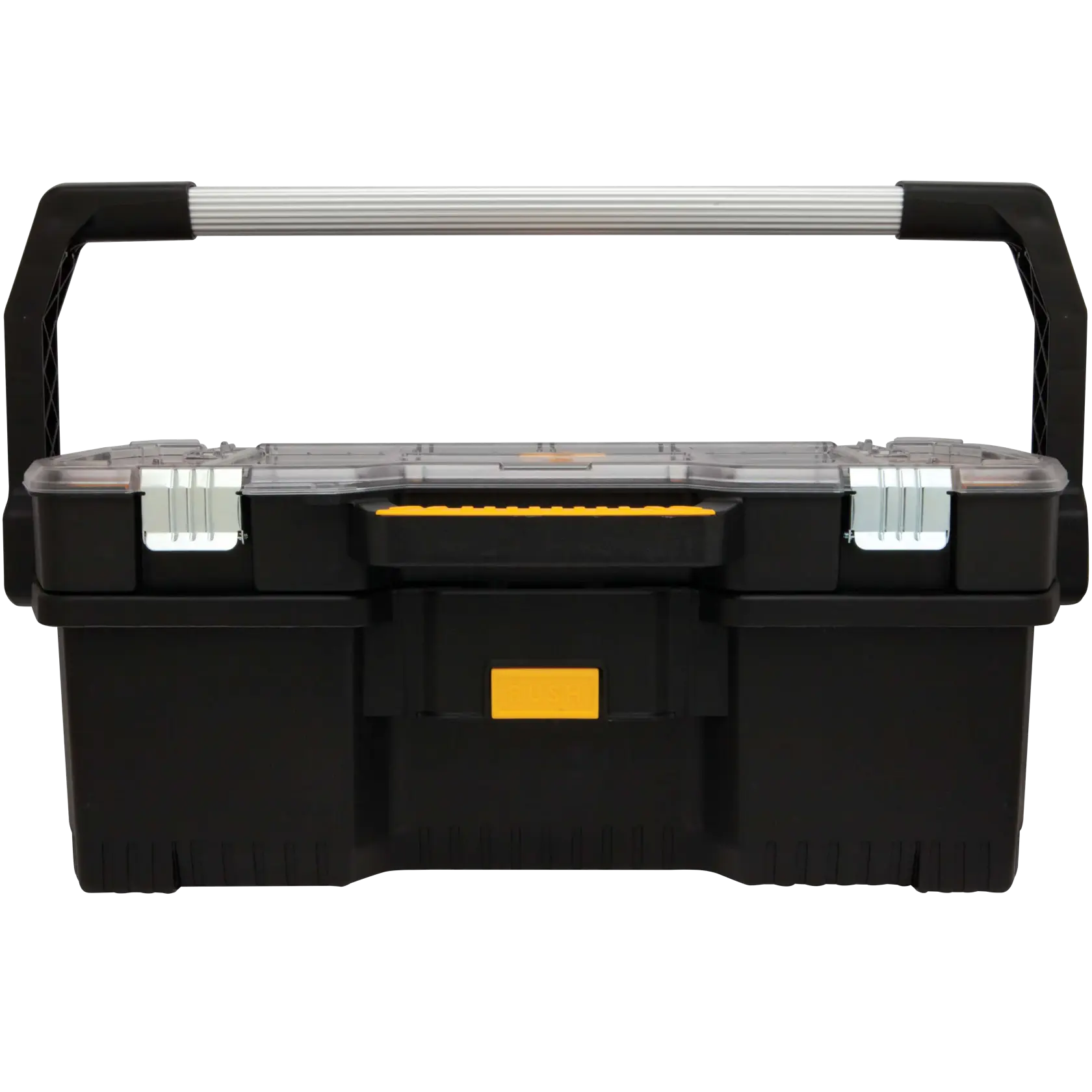A black DEWALT toolbox with a large silver handle, a transparent lid with yellow accents, and metal latches, shown from the front.