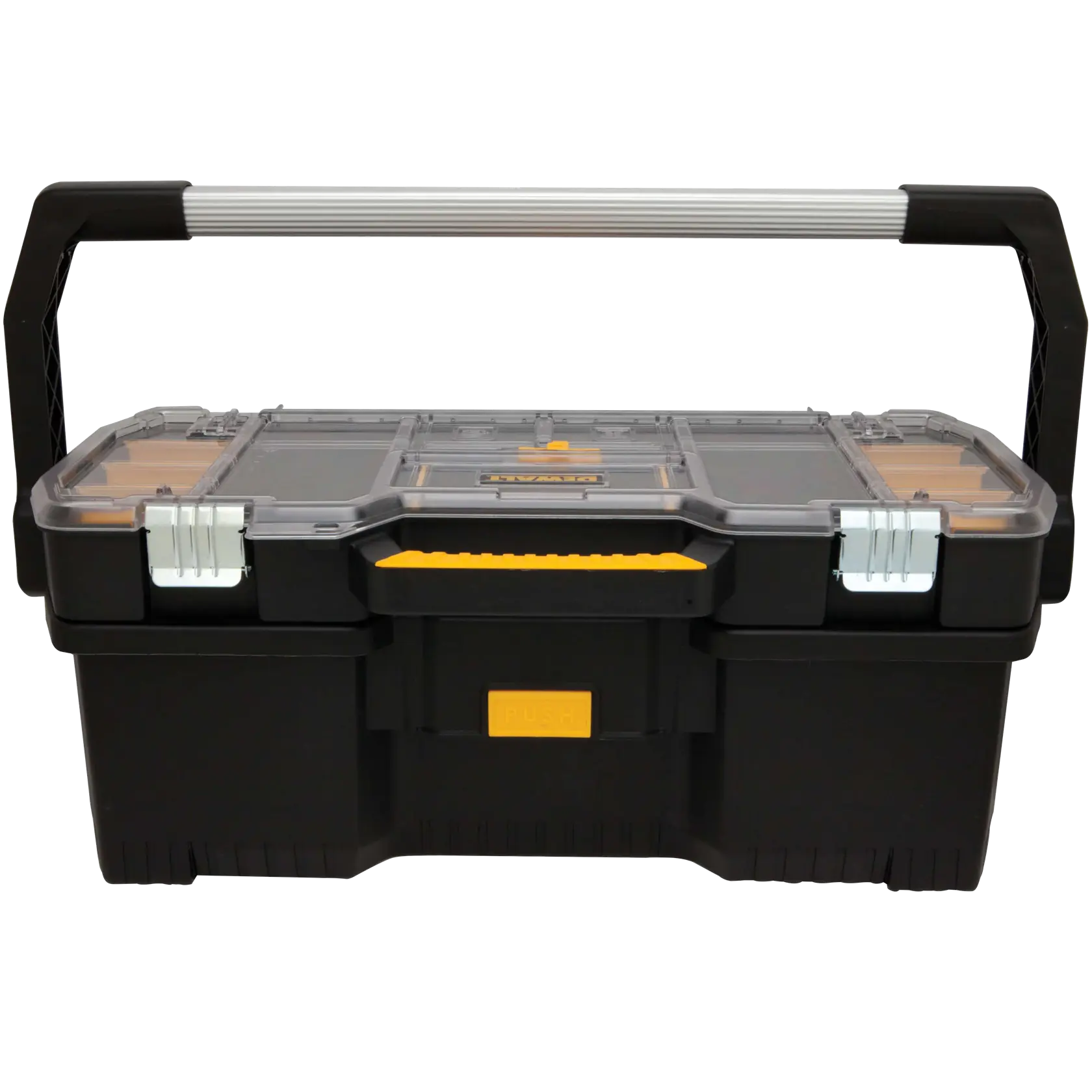 A black DEWALT toolbox with a transparent plastic lid, yellow accents, metal latches, and a large silver and black carrying handle.