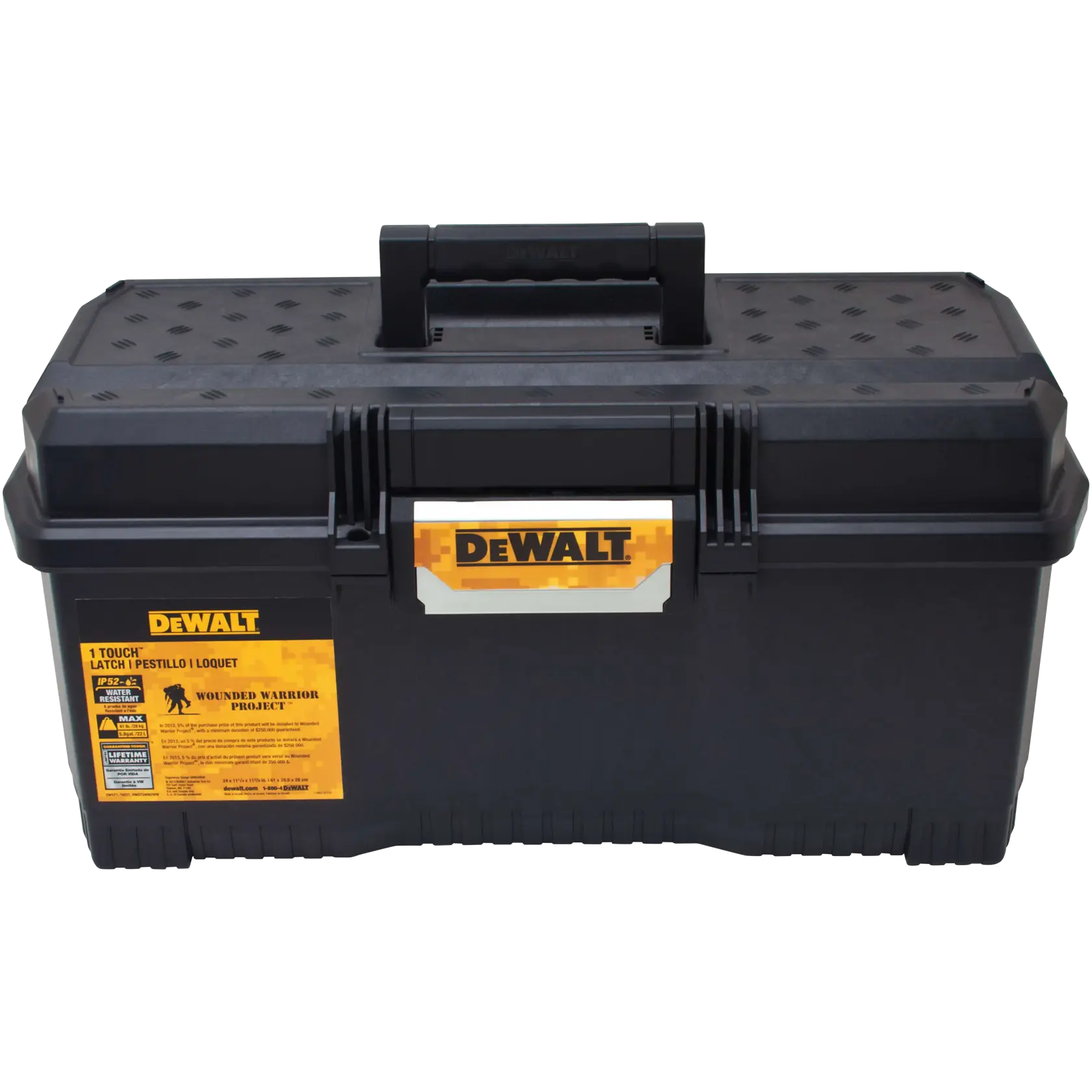 A black DEWALT toolbox with a yellow DEWALT logo on the front and a handle on the top. The toolbox has a one-touch latch and an information label on the left side.