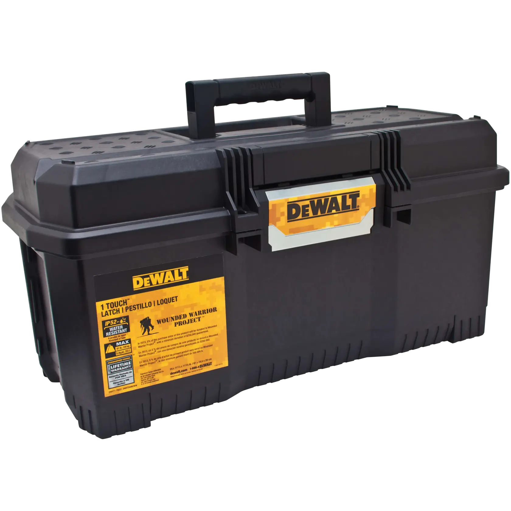 A black DEWALT toolbox with a sturdy handle on top and yellow branding labels, including information about the Wounded Warrior Project. The toolbox has a one-touch latch and is designed for durability.