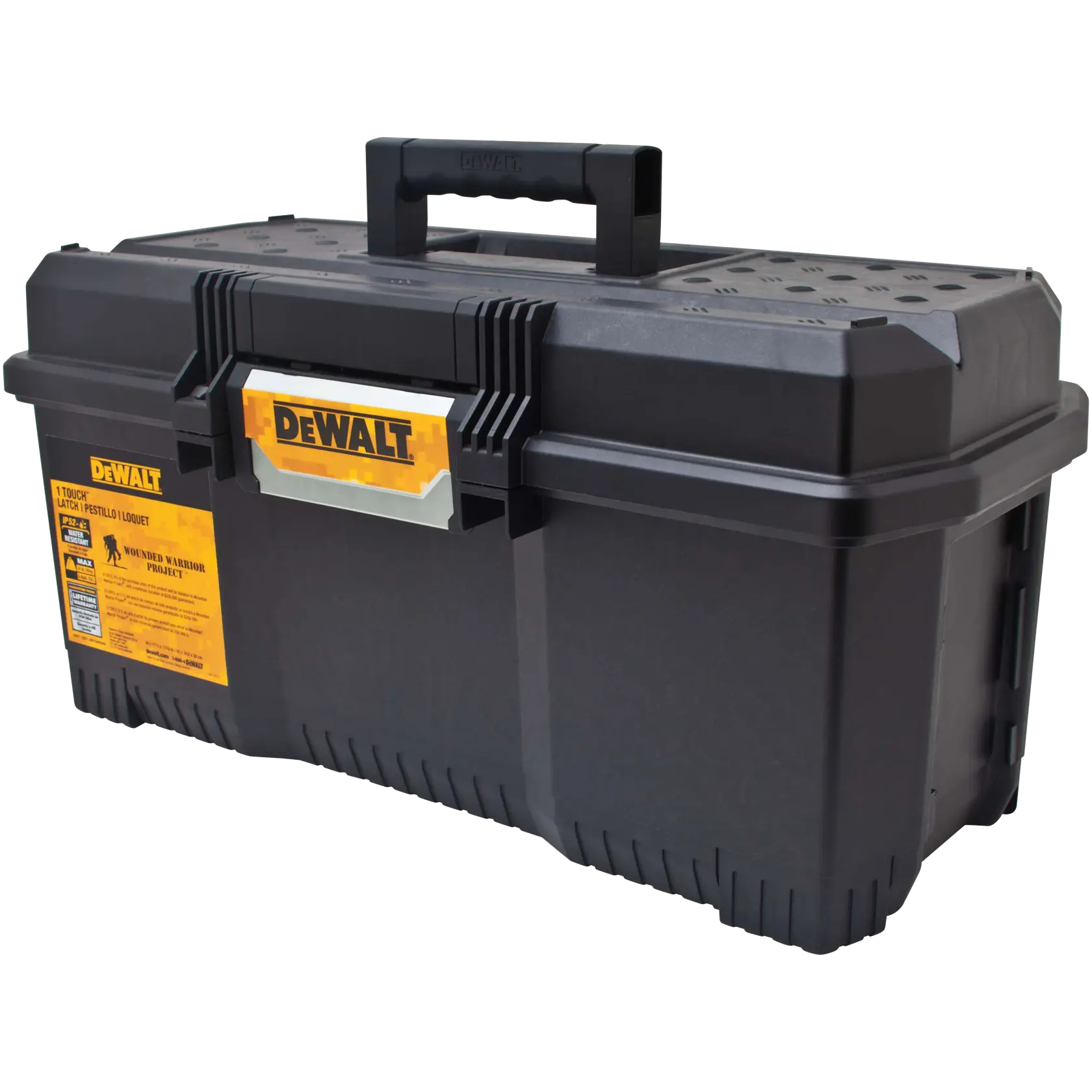 A black DEWALT plastic toolbox with a sturdy handle on top, a yellow DEWALT logo on the front latch, and a large rectangular shape designed for storage and transport of tools.