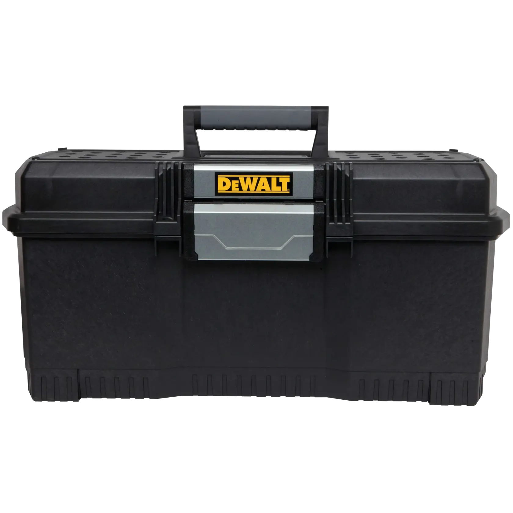 A black DEWALT toolbox with a sturdy carrying handle and a metal latch in the center, shown against a white background.