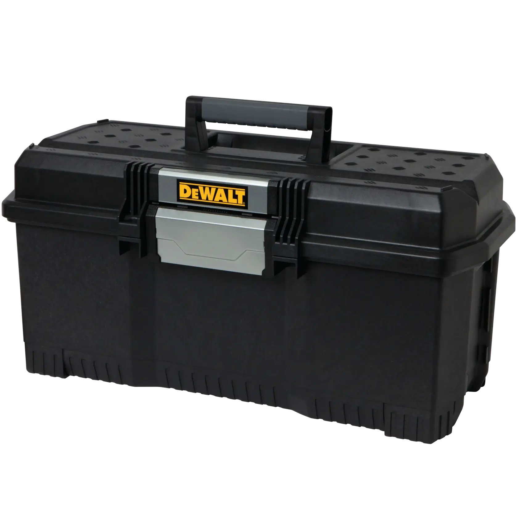 A black DEWALT plastic toolbox with a sturdy handle and metal latch, designed for storing and carrying tools.