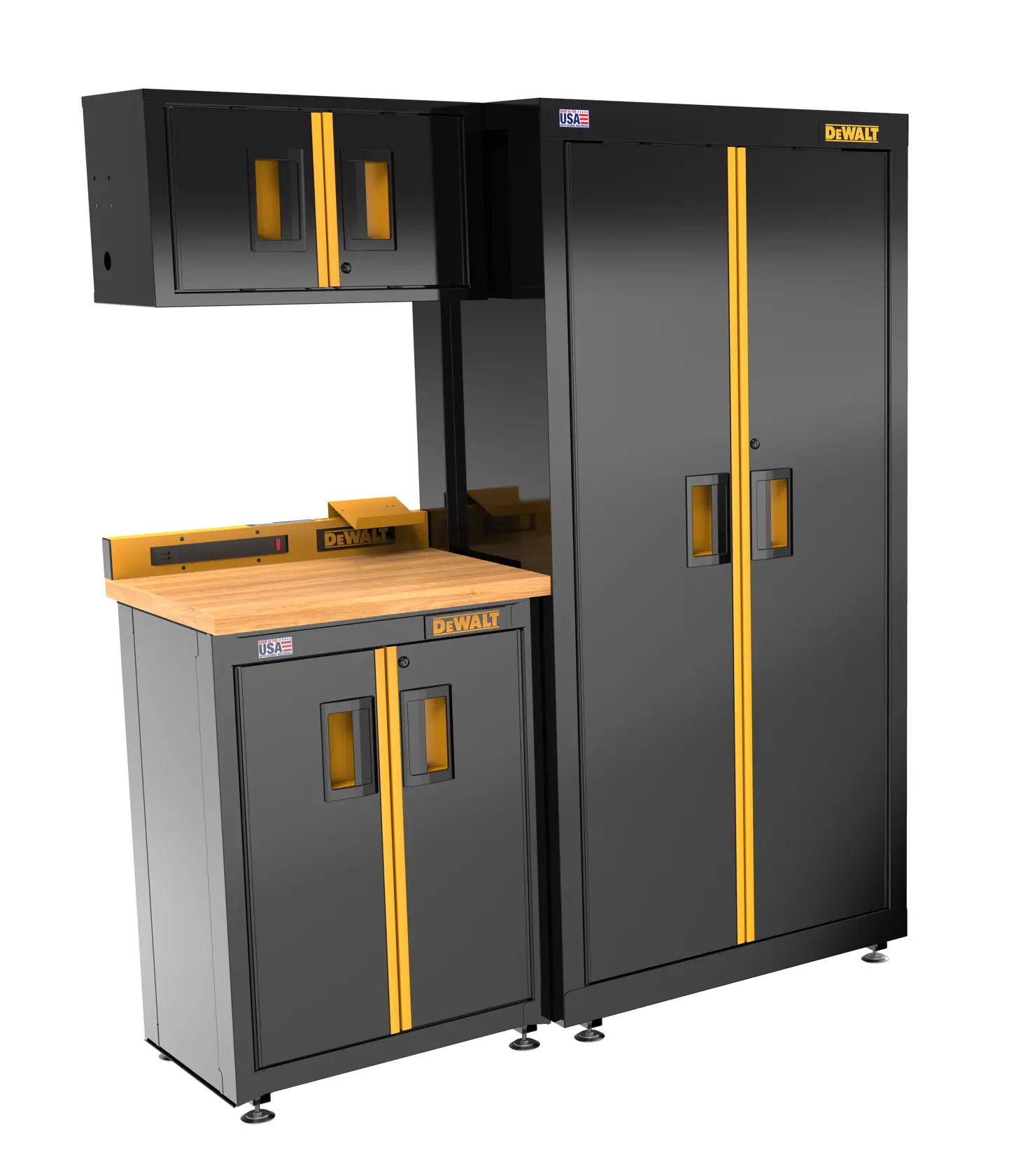 DEWALT storage cabinet set including a tall cabinet, a wall-mounted cabinet, and a base cabinet with a wooden worktop, all in black with yellow accents.