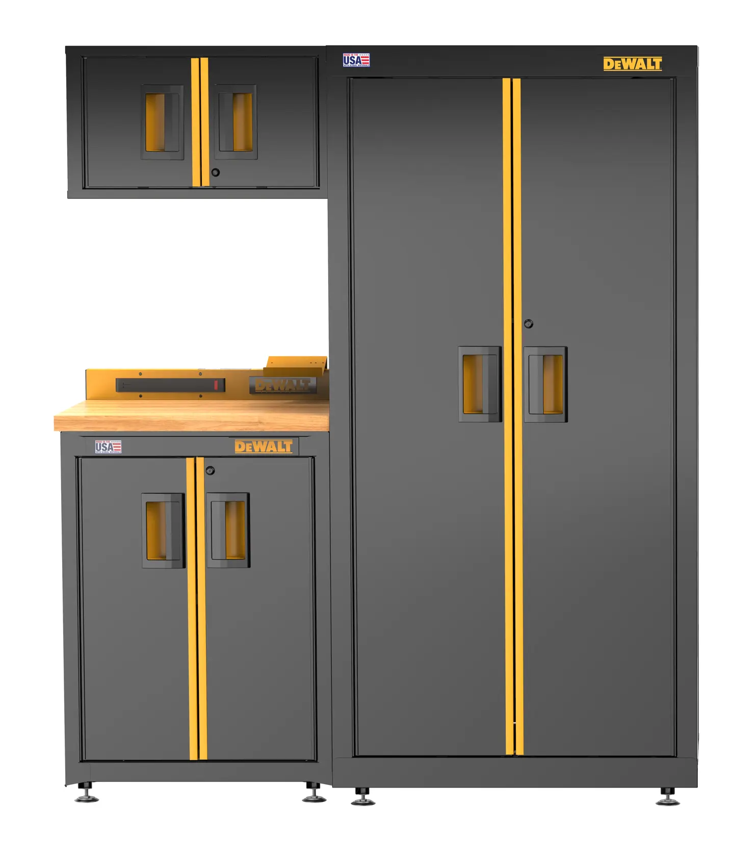 A DEWALT modular storage cabinet system with a tall cabinet, a lower cabinet, an upper wall-mounted cabinet, and a wooden worktop. The cabinets are gray with yellow accents and have handles for opening the doors.