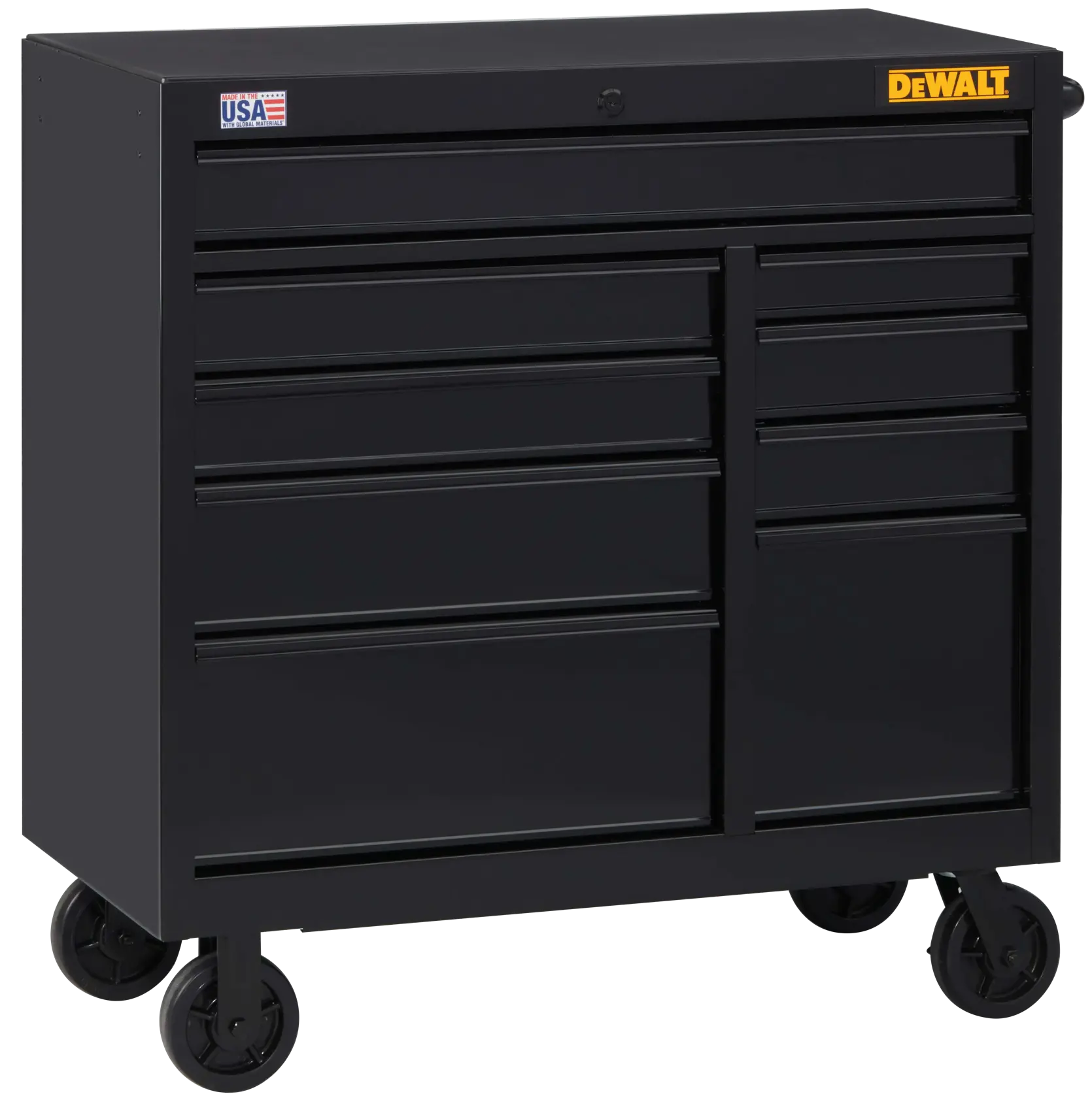 A black metal tool chest on wheels with multiple drawers, featuring DEWALT branding and a USA-made sticker.