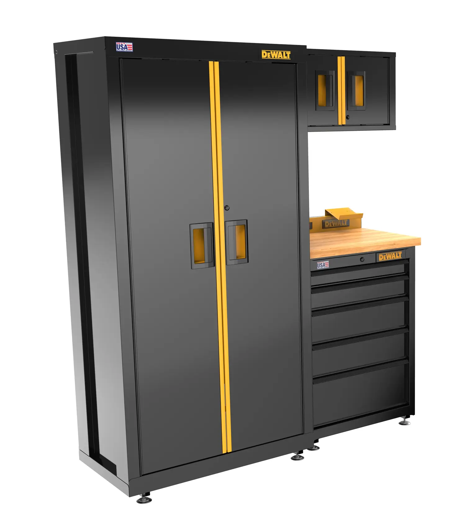 A black and yellow DEWALT garage storage set including a tall cabinet with double doors, a wall-mounted cabinet with two doors, a workbench with a wooden top, and a storage unit with four drawers. The set features DEWALT branding and is designed for organizing tools and equipment.