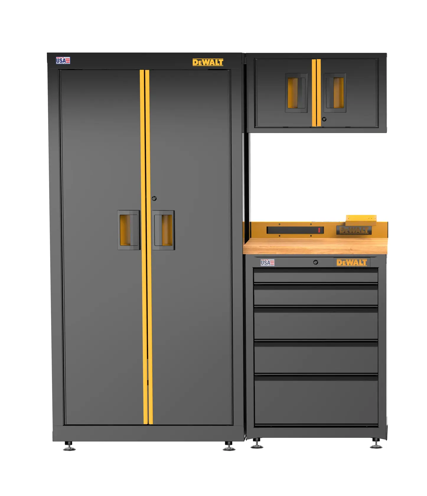 A DEWALT garage storage system featuring a tall cabinet with double doors, a set of five drawers with a wooden worktop, and a wall-mounted cabinet with two doors. The units are grey with yellow accents and are branded with the DEWALT logo.