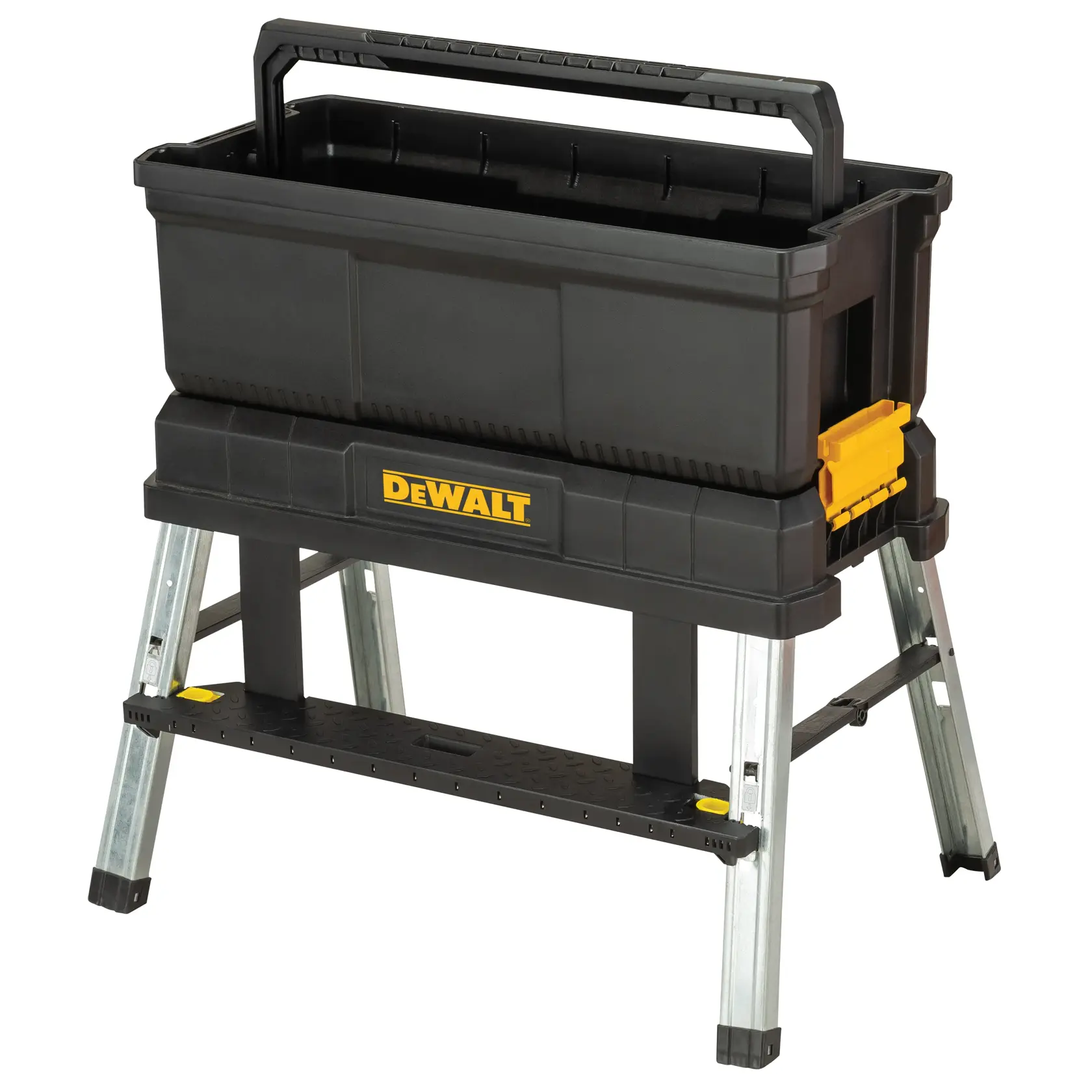 A black Dewalt toolbox with a sturdy handle is mounted on a metallic folding stand. The toolbox features yellow accents and the Dewalt logo on the front. The stand provides stability and elevates the toolbox for easier access.