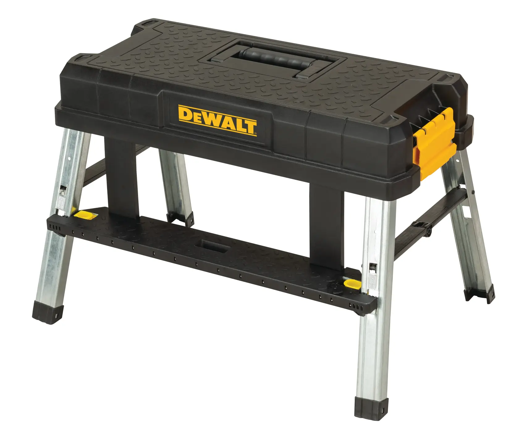 A DEWALT-branded black and yellow portable sawhorse and tool storage box with metal folding legs, designed for use in construction or workshop settings.