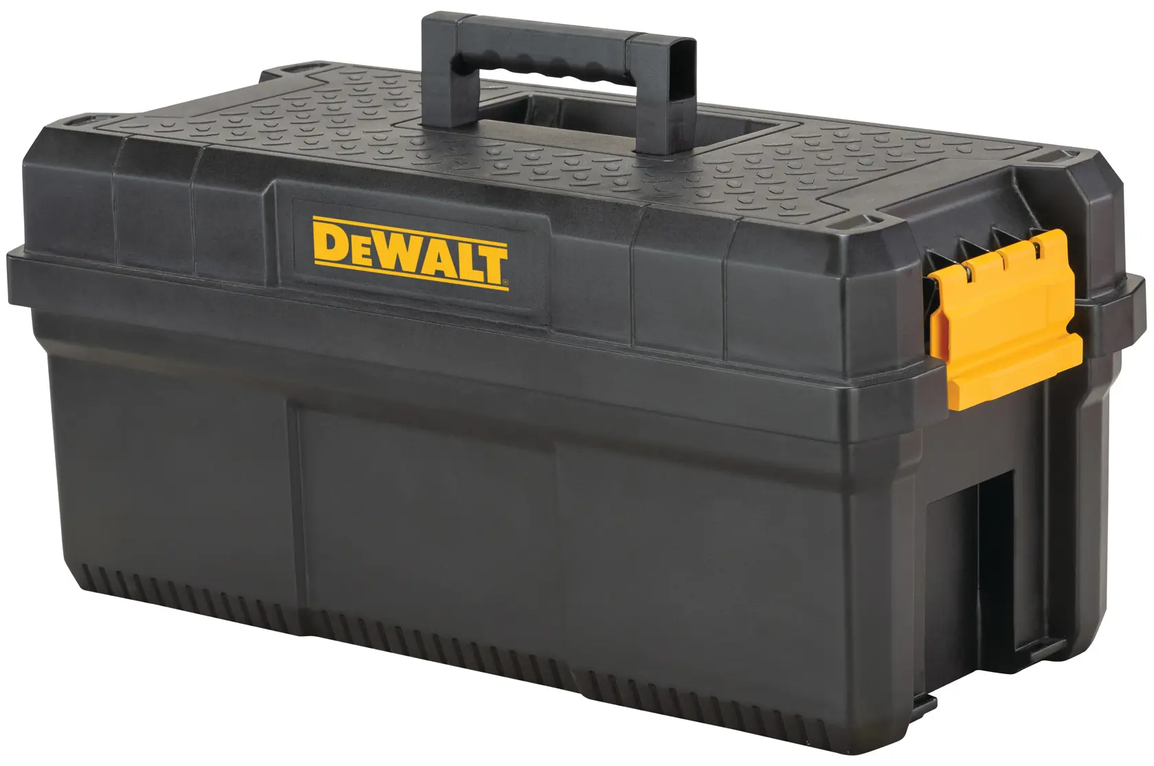 A black plastic toolbox with a yellow latch and a handle on top, branded with the DEWALT logo.
