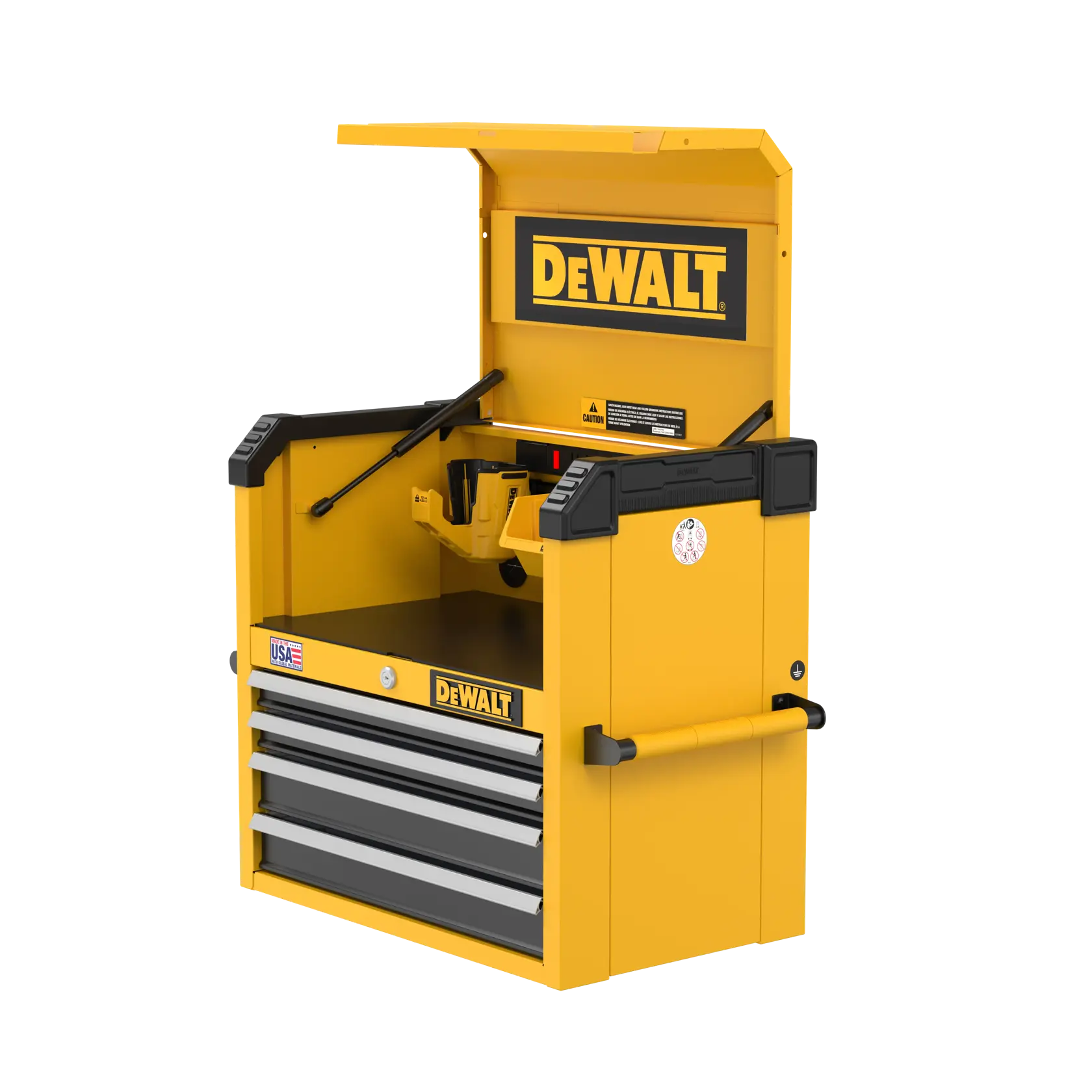 A yellow DEWALT tool chest with an open top compartment, four drawers, and side handles. The DEWALT logo is prominently displayed on the front and inside the lid.
