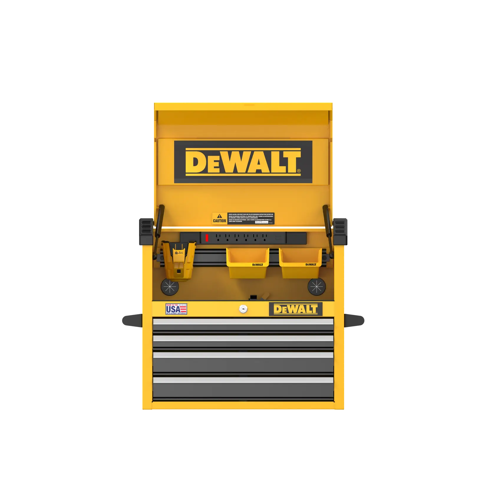 Front view of a yellow DEWALT tool chest with multiple drawers, bins, and a power strip, used for organizing tools and equipment. The DEWALT logo is prominently displayed on the chest.