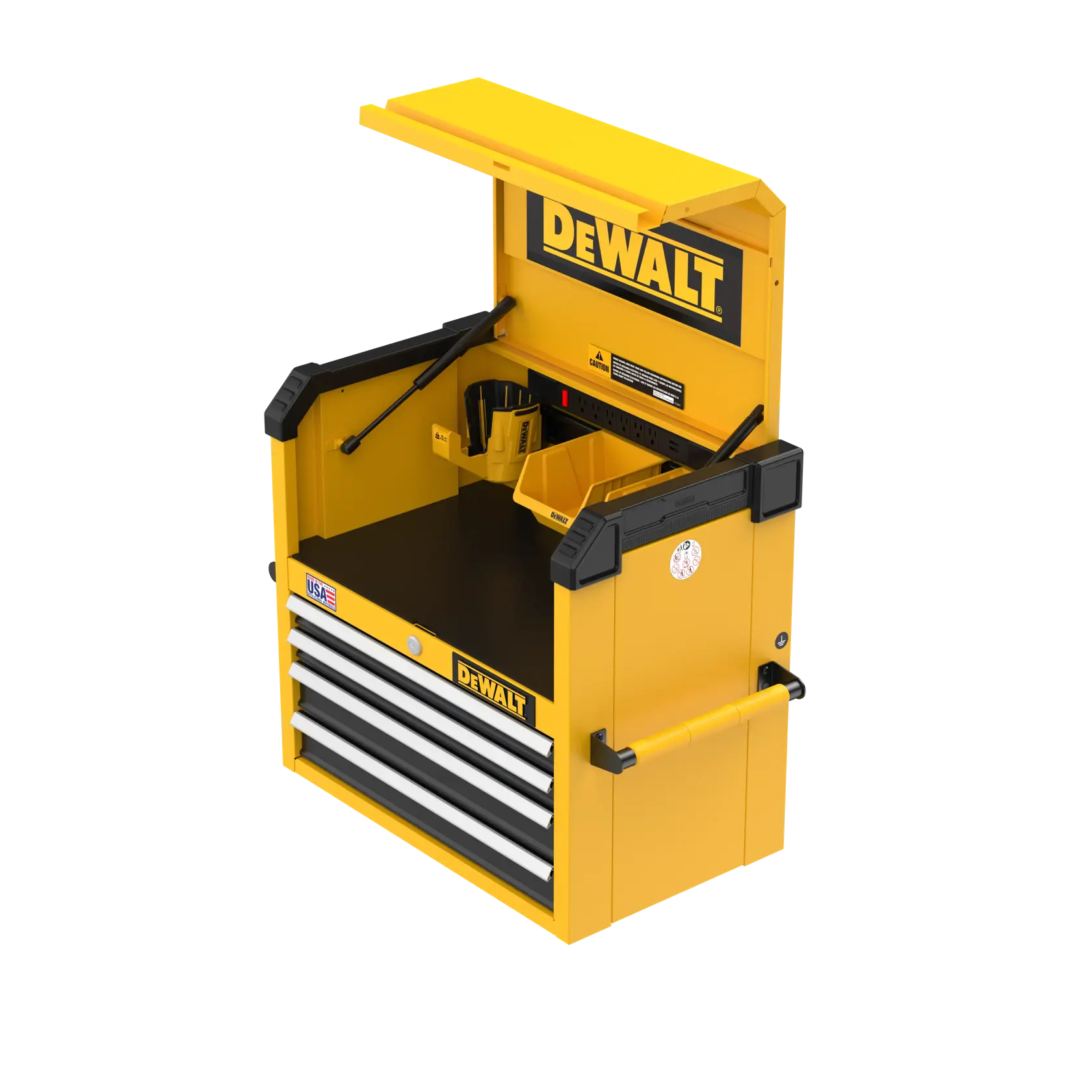 A yellow DEWALT tool chest with an open top compartment, black work surface, multiple drawers with silver handles, and a side handle. The chest displays the DEWALT logo and is designed for storing and organizing tools.