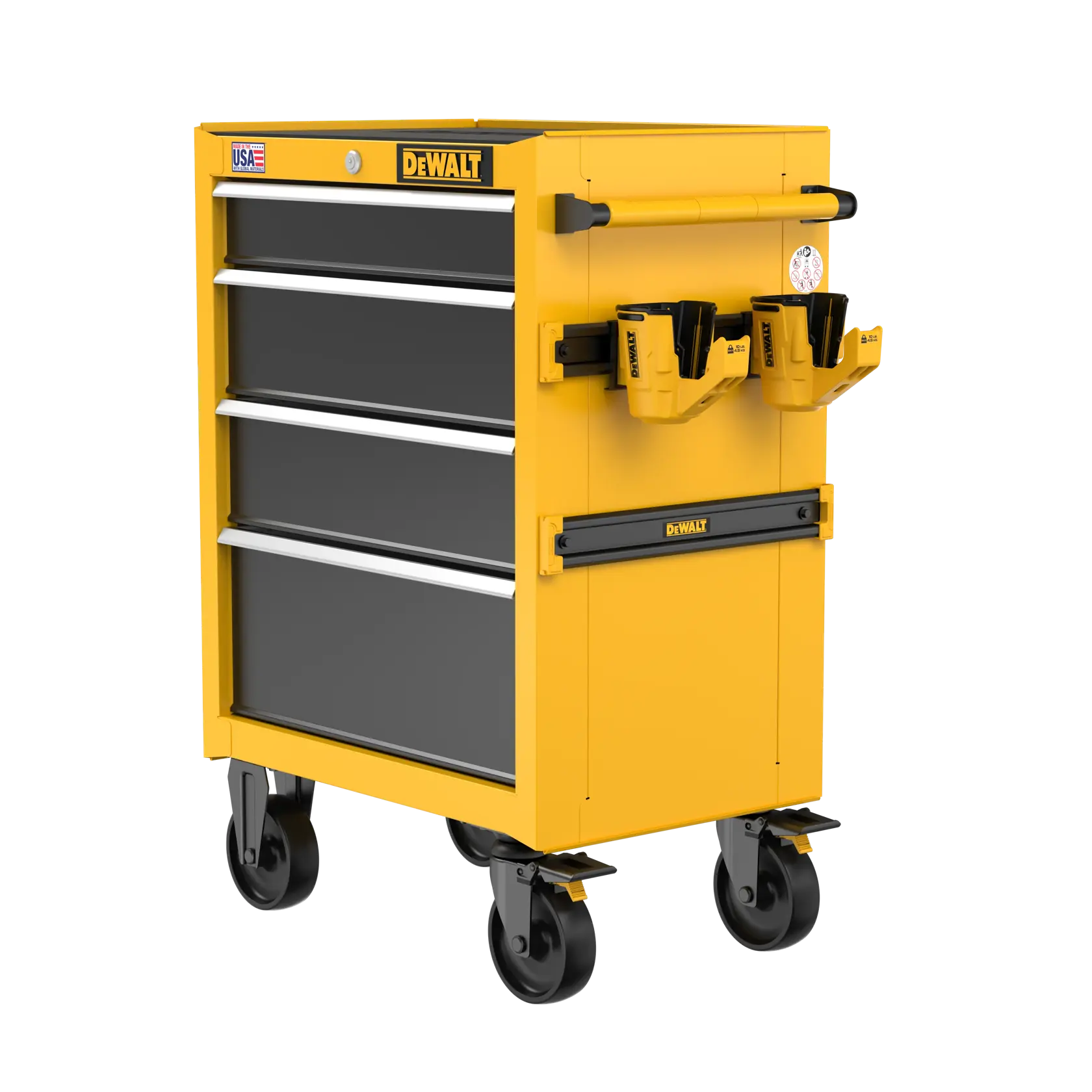 A yellow and black DEWALT rolling tool chest with four drawers, large wheels, and additional attachments for holding tools on the side.