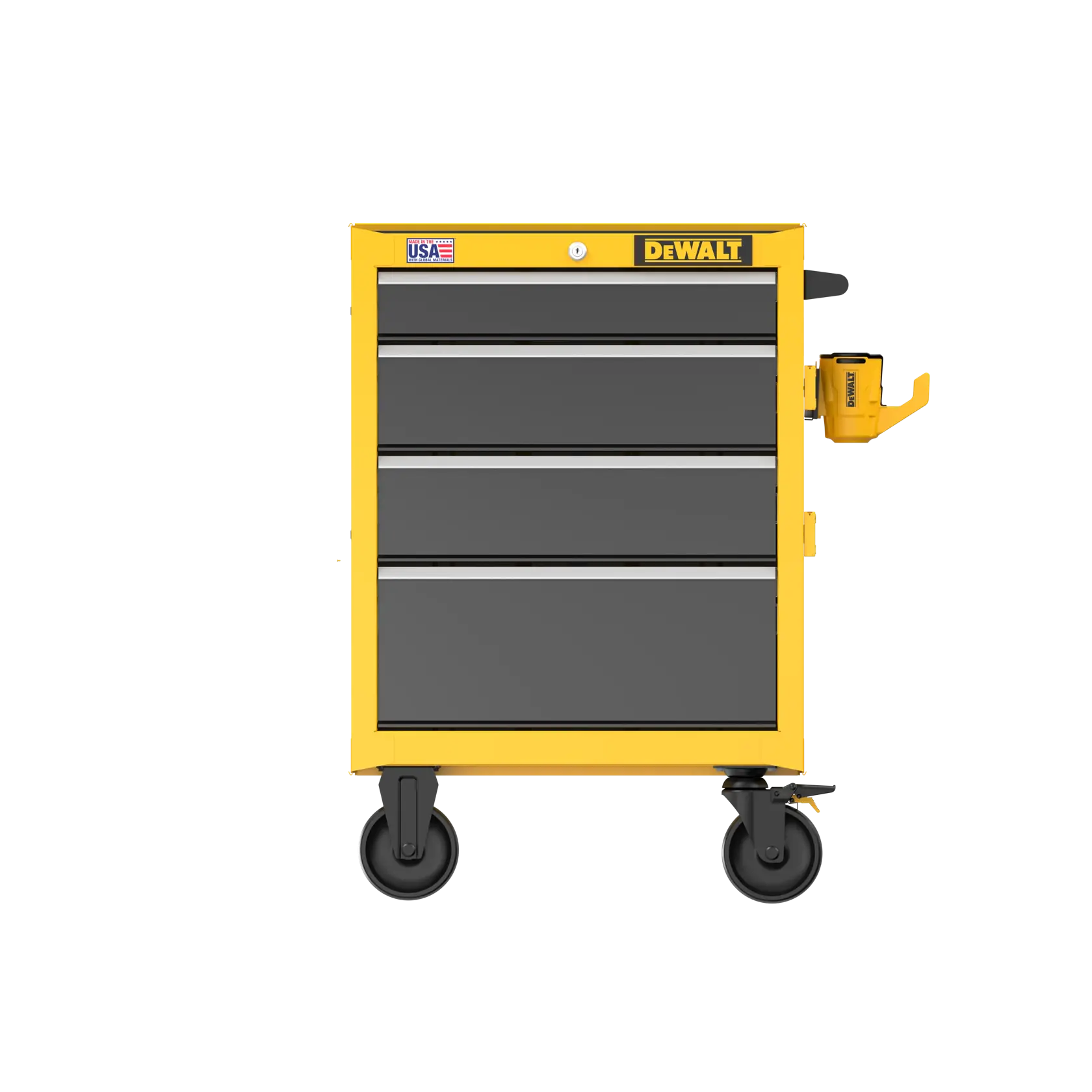 A DEWALT-branded yellow and black rolling tool chest with four drawers and large wheels. There is a cup holder attached to the side, and a USA label is present in the top left corner.