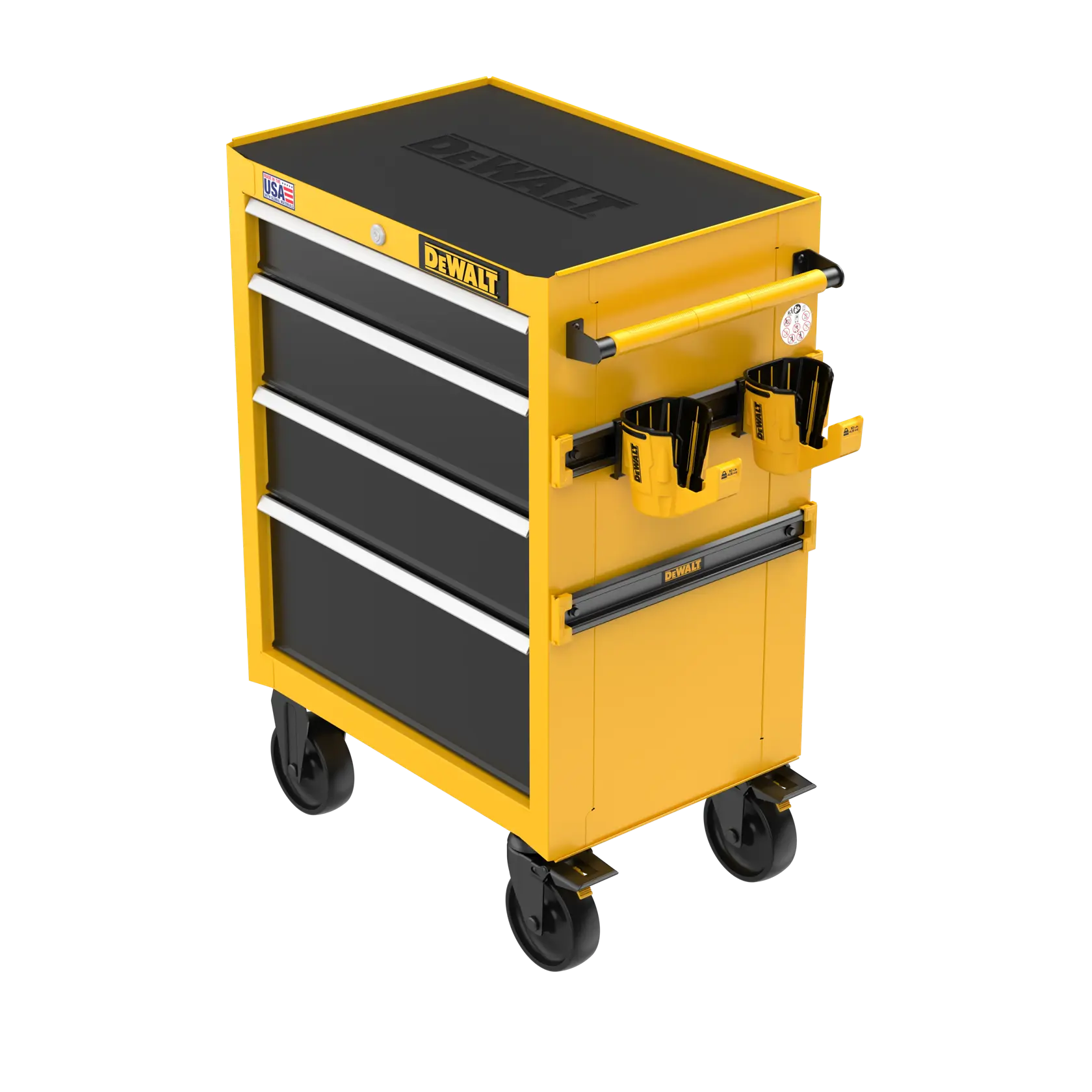 A yellow and black DEWALT rolling tool chest with four drawers, mounted on wheels. The chest has a DEWALT logo on the front, a USA flag sticker, a handle on the side, and two cupholders attached. Designed for secure tool storage and mobility.