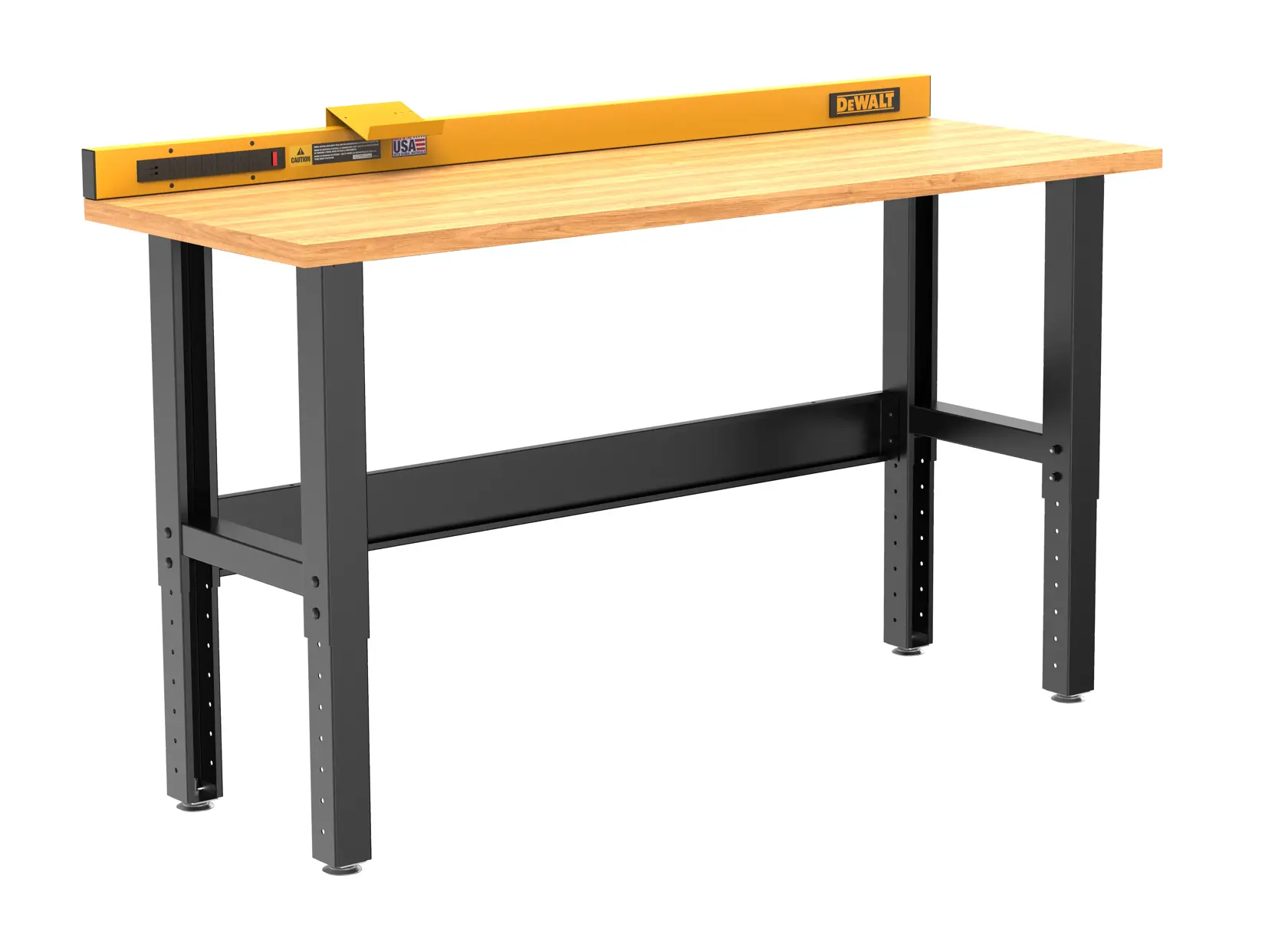 A DEWALT workbench with a wooden tabletop, adjustable black metal legs, and a yellow back guard.