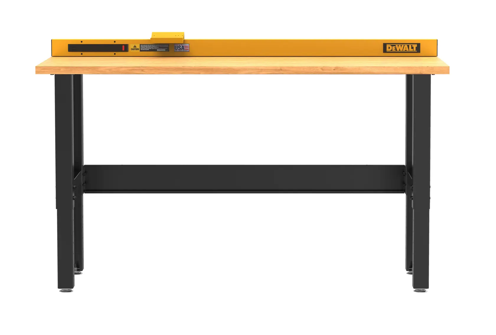A DEWALT workbench with a sturdy wooden surface and black metal legs. A yellow DEWALT accessory is placed on the back edge of the workbench.