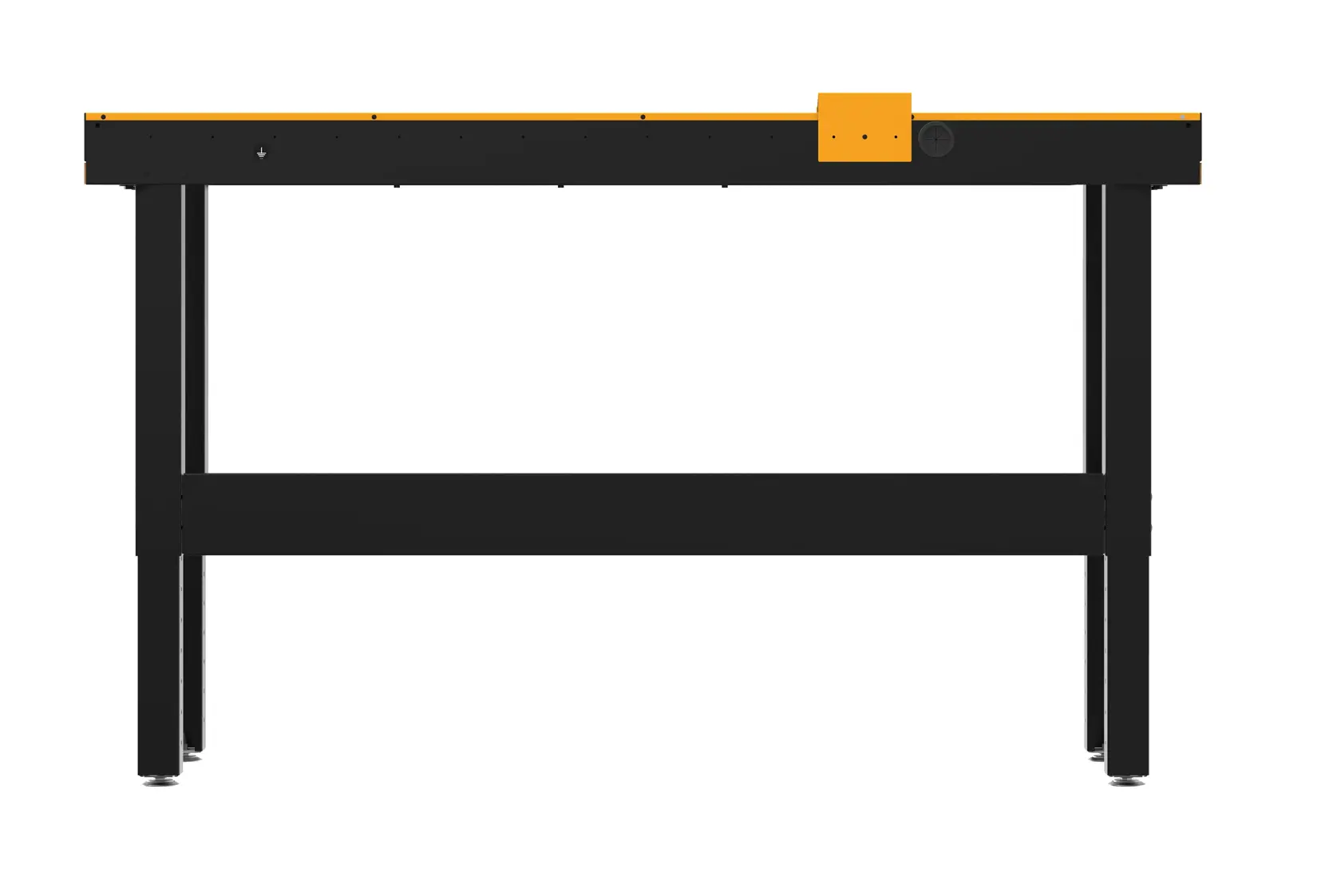 A DEWALT branded workbench with a black metal frame and a yellow work surface, viewed from the front against a white background.