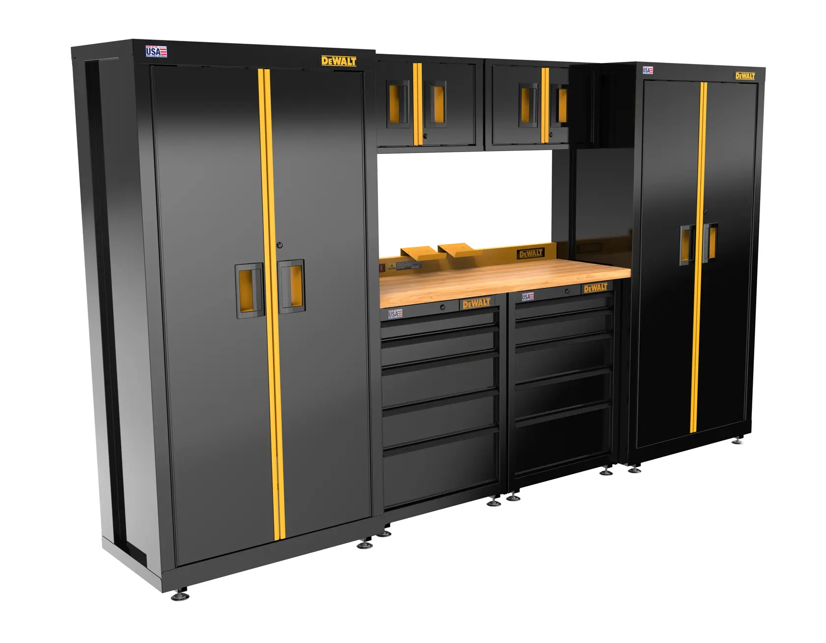 A DEWALT modular storage system featuring two tall cabinets, two sets of drawers, a wooden workbench, and four overhead cabinets. The unit is primarily black with yellow accents and DEWALT branding.