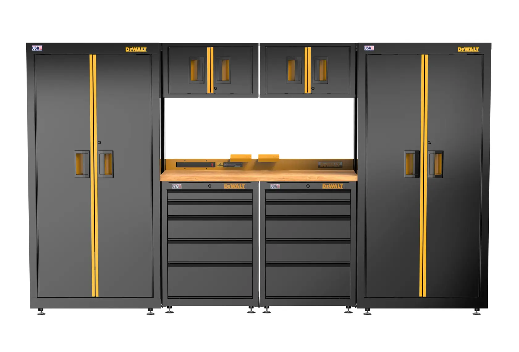 DEWALT modular garage storage system with black and yellow cabinets, two tall cabinets on each side, four upper wall cabinets, and two lower drawer units with a wooden worktop.