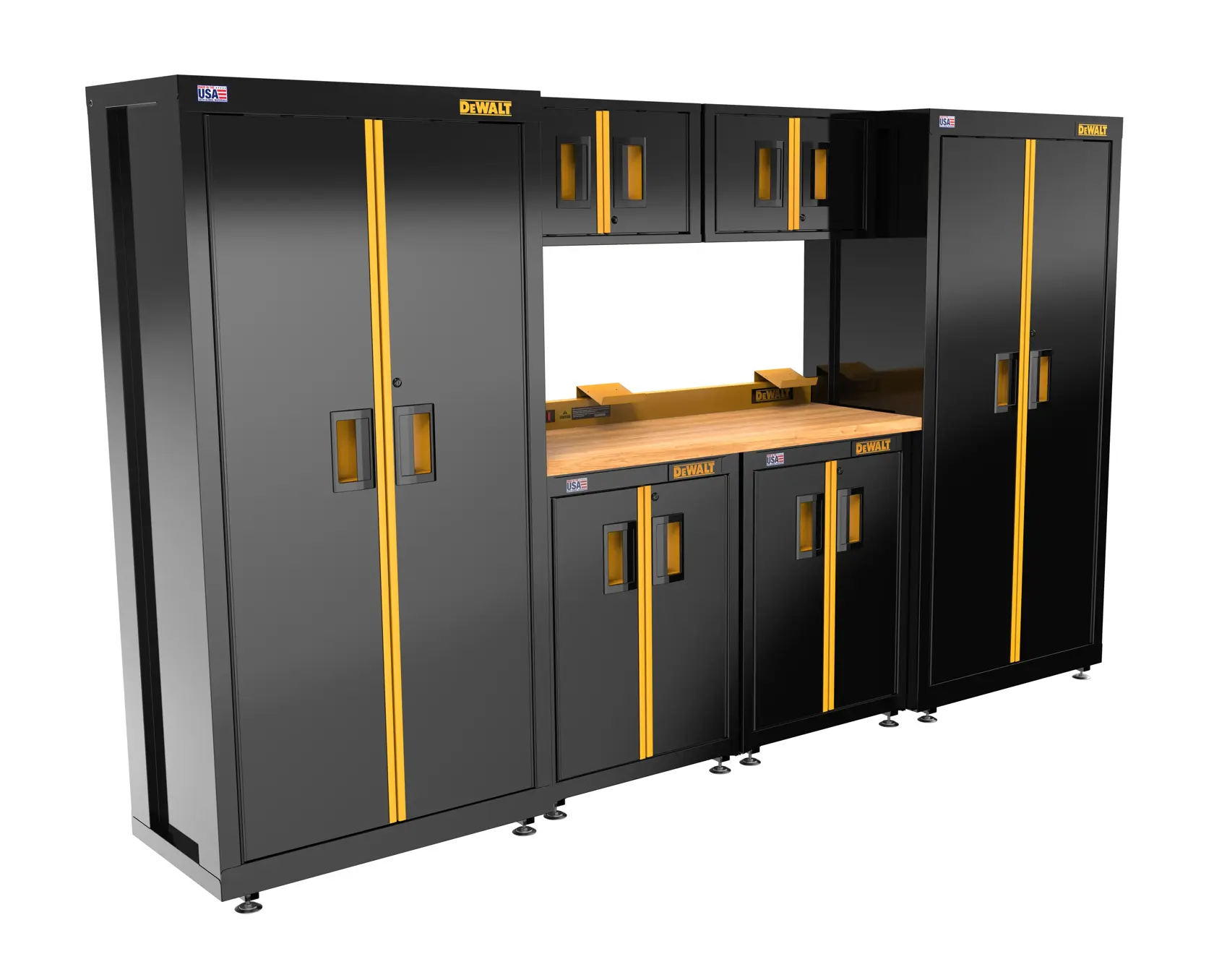 A DEWALT modular garage storage system with black and yellow cabinets, a wooden worktop, tall cabinets on each side, overhead cabinets, and base storage units.