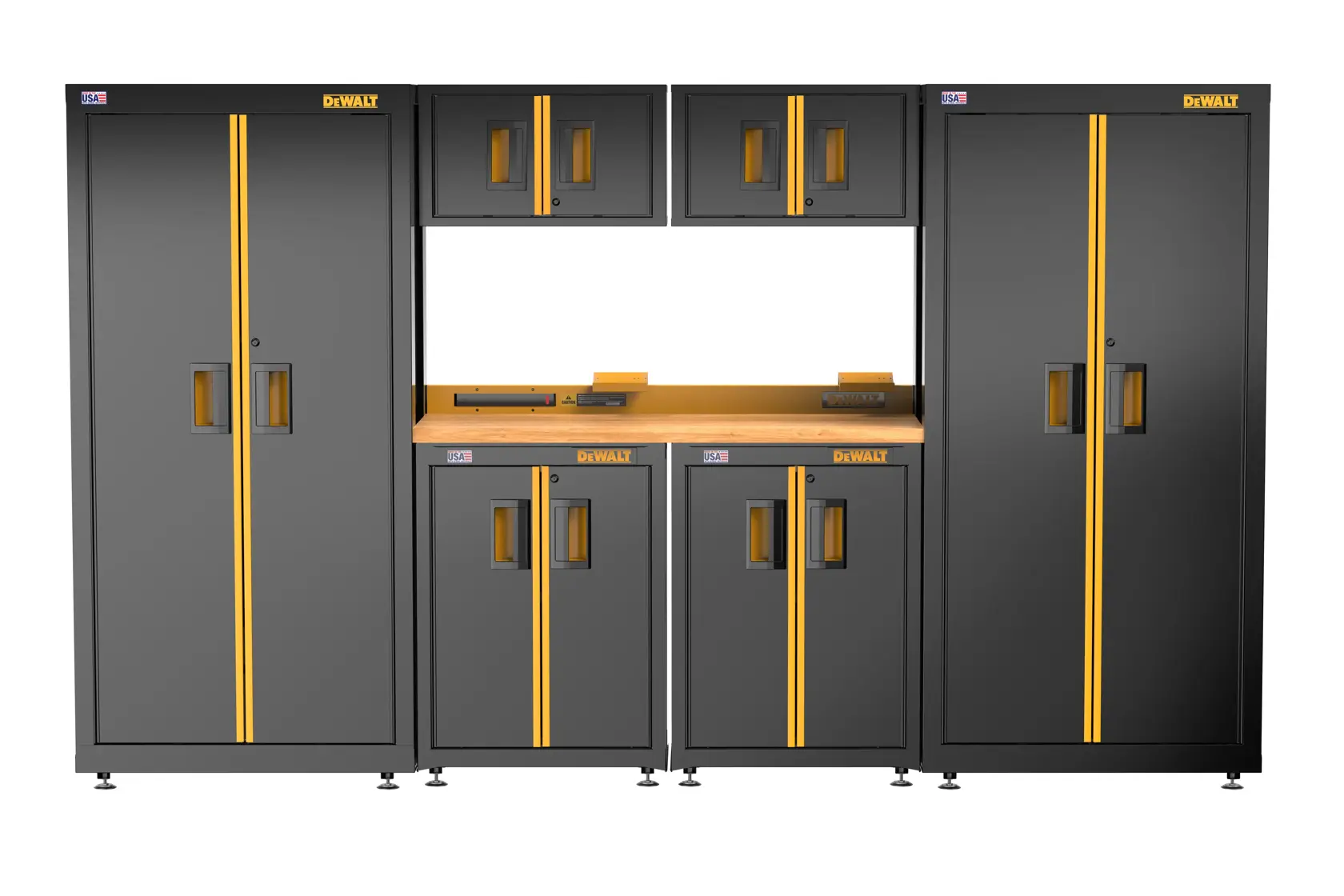 A modular garage storage system by DEWALT, featuring two tall cabinets, two wall-mounted upper cabinets, two base cabinets, and a wooden worktop. All cabinets are dark gray with yellow accents and have handles on the doors.