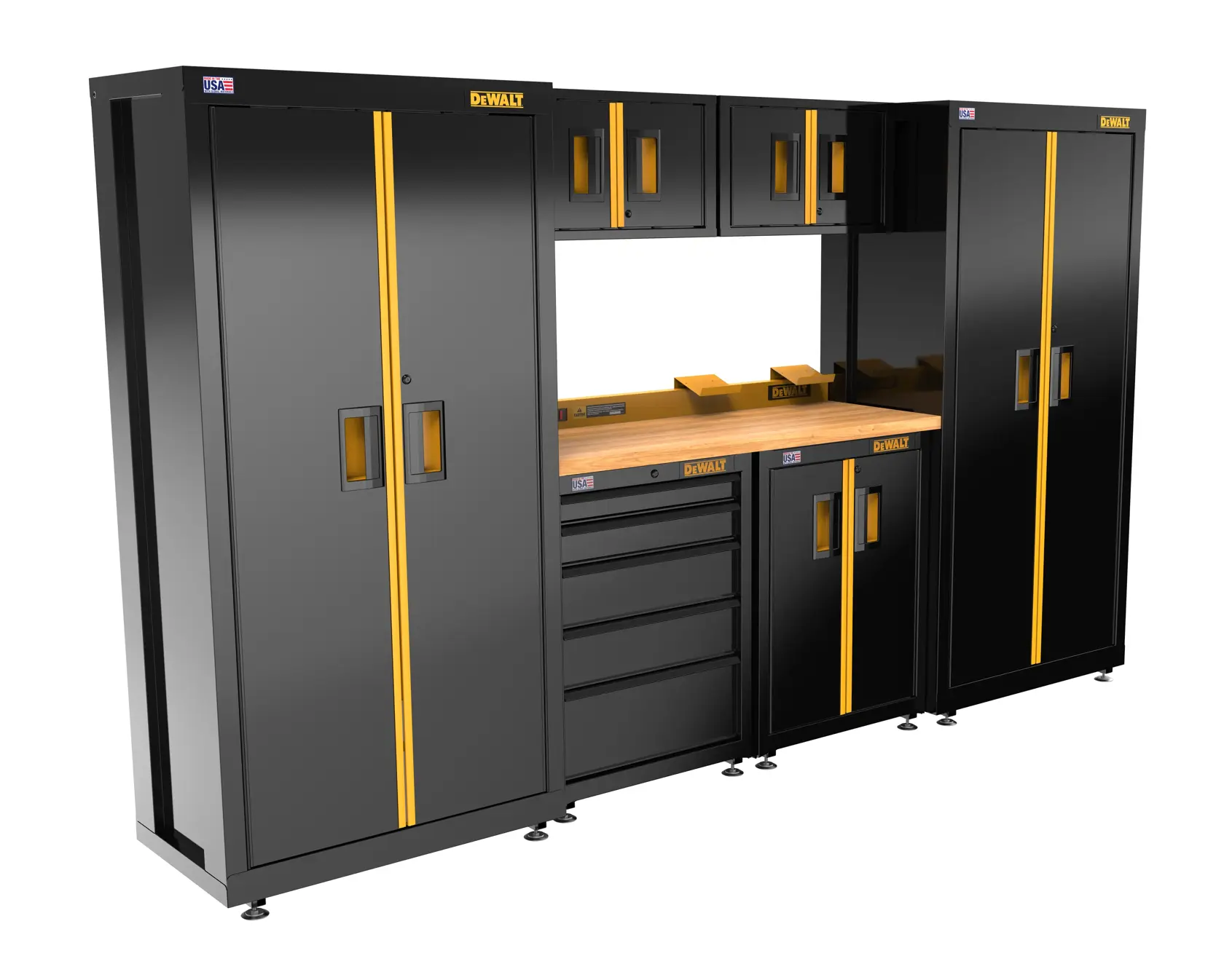 A DEWALT modular garage storage system with black and yellow cabinets, drawers, and a wooden workbench top. The unit includes tall cabinets on both sides, upper wall-mounted cabinets, drawer units, and lower cabinets, all designed for organizing tools and equipment.