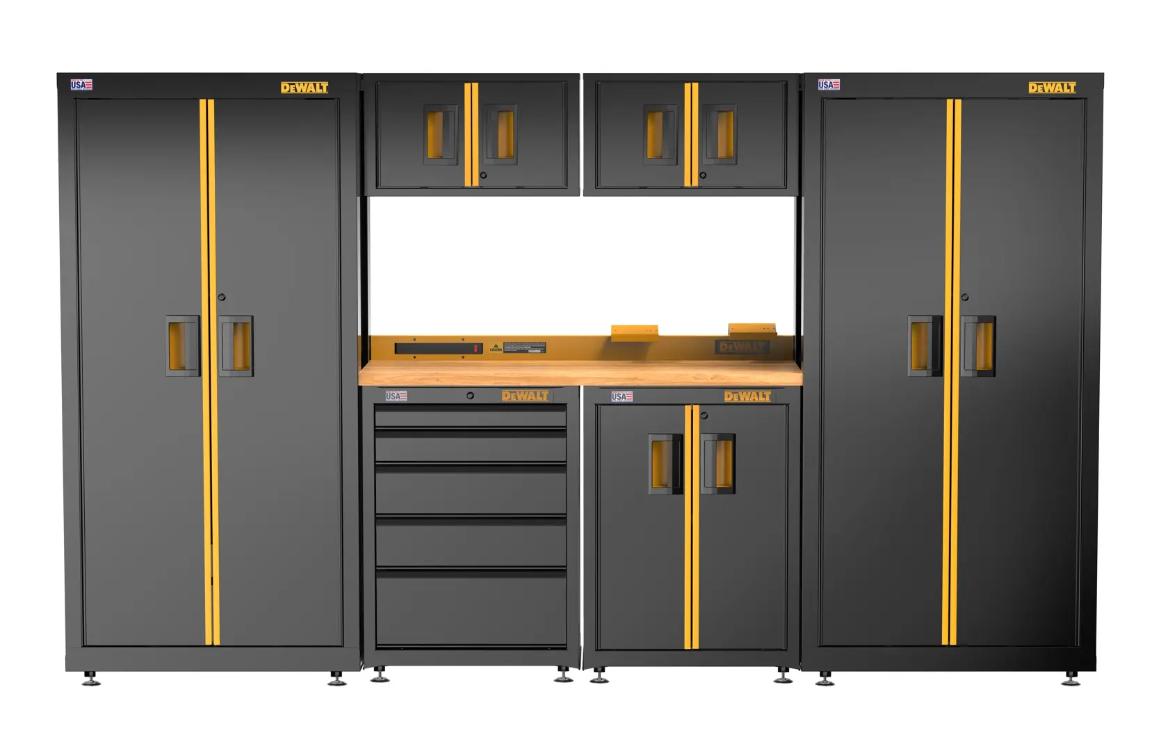 A DEWALT modular garage storage system featuring tall cabinets, upper wall cabinets, a workbench with drawers, and a base cabinet. The system is black with yellow accents and includes multiple storage options for tools and equipment.