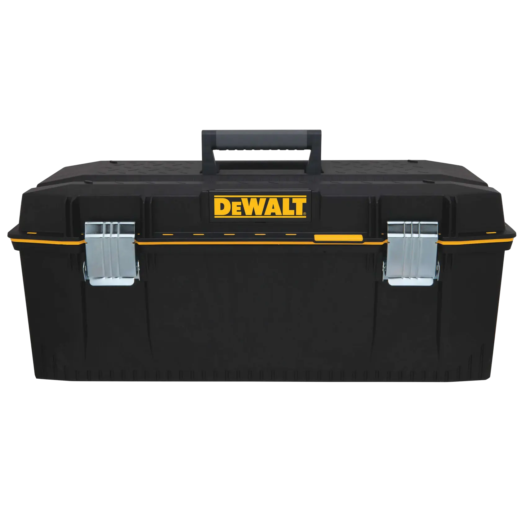 A black DEWALT toolbox with a sturdy handle on top and metal latches on the front.