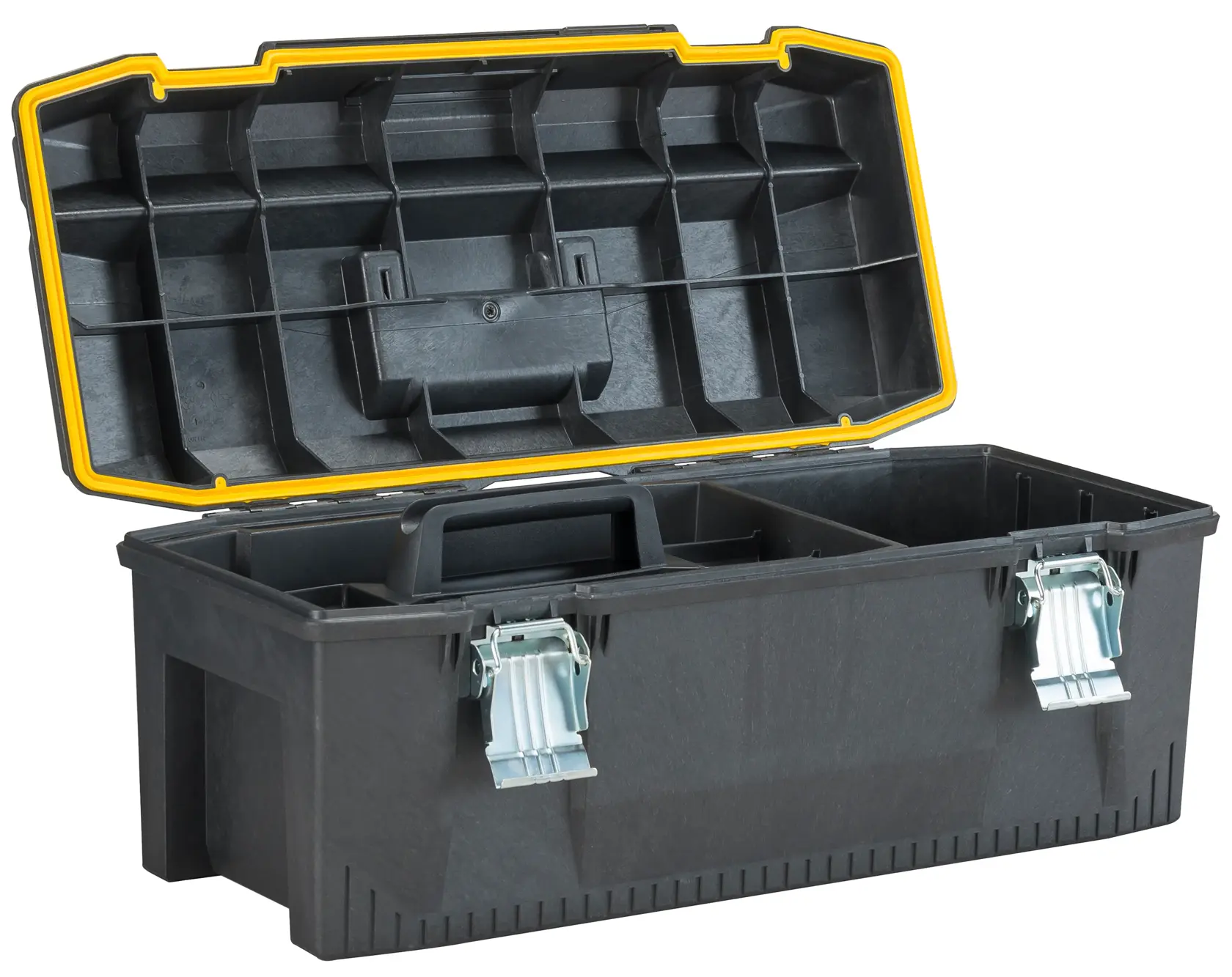 A black DEWALT toolbox with an open lid, featuring metal latches and internal compartments for organizing tools. The interior is molded, and the yellow trim highlights the edge of the lid.