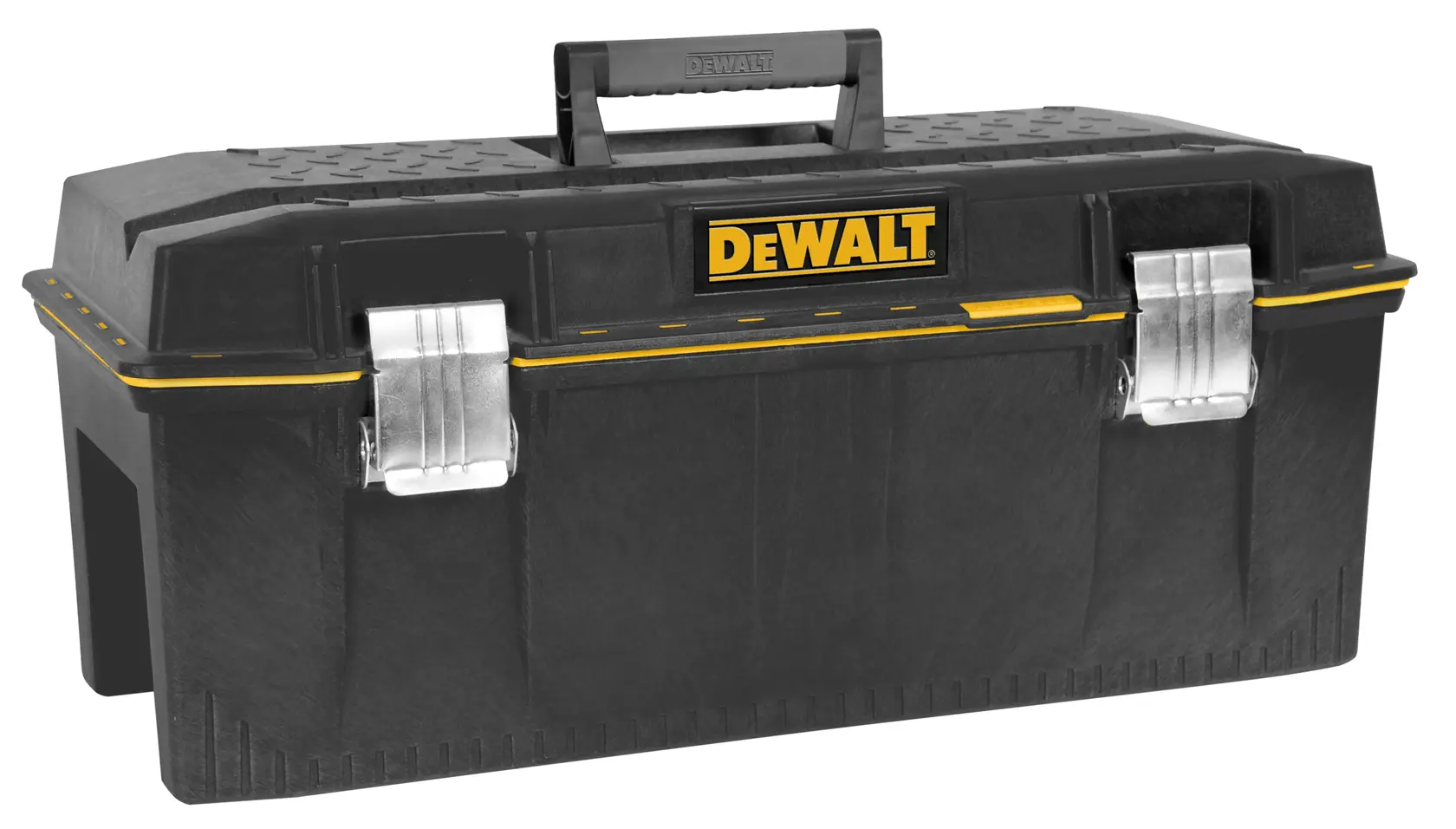 A black DEWALT toolbox with a sturdy handle on top and two metal latches on the front for secure closing. The DEWALT logo is prominently displayed in yellow and black on the front.