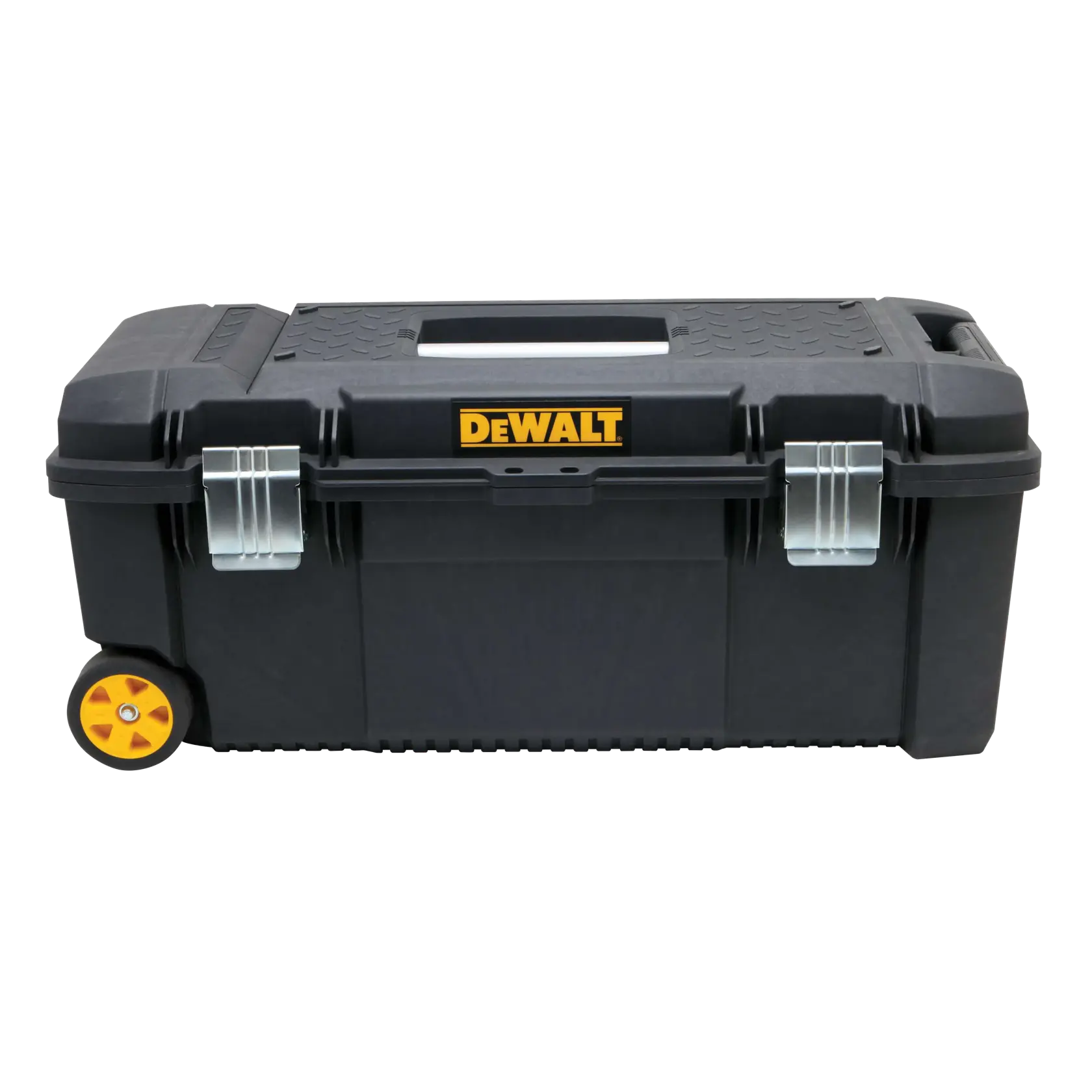 A black DEWALT rolling tool box with metal latches, a central handle on the lid, and two yellow and black wheels on one side.