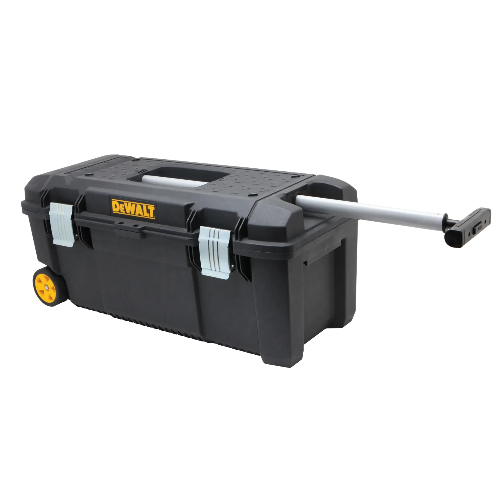 A black DEWALT rolling toolbox with yellow wheels and a telescopic handle. The toolbox has sturdy latches and is designed for easy transport and secure storage of tools.