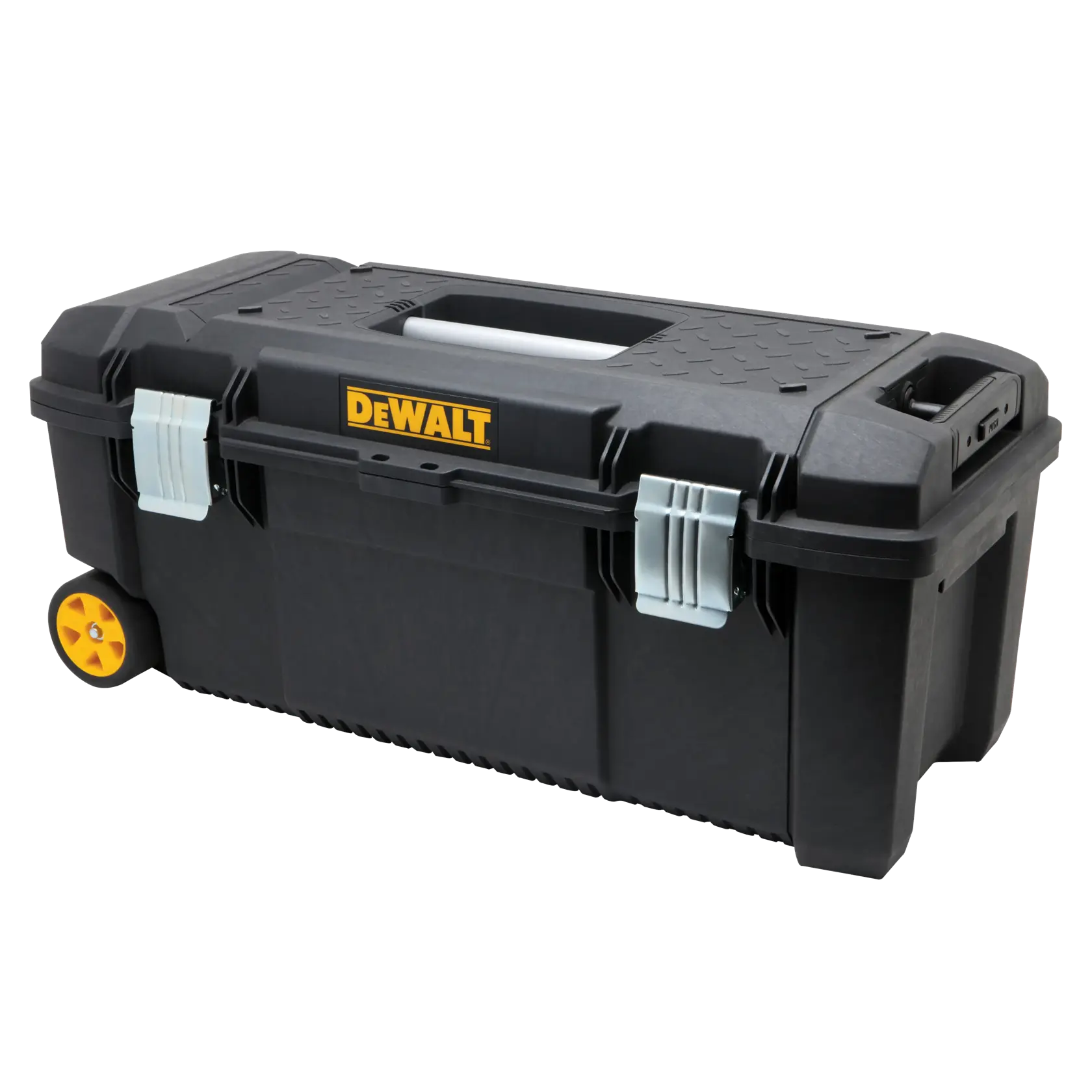 A black DEWALT wheeled toolbox with yellow wheels and gray metal latches, suitable for storing and transporting tools.