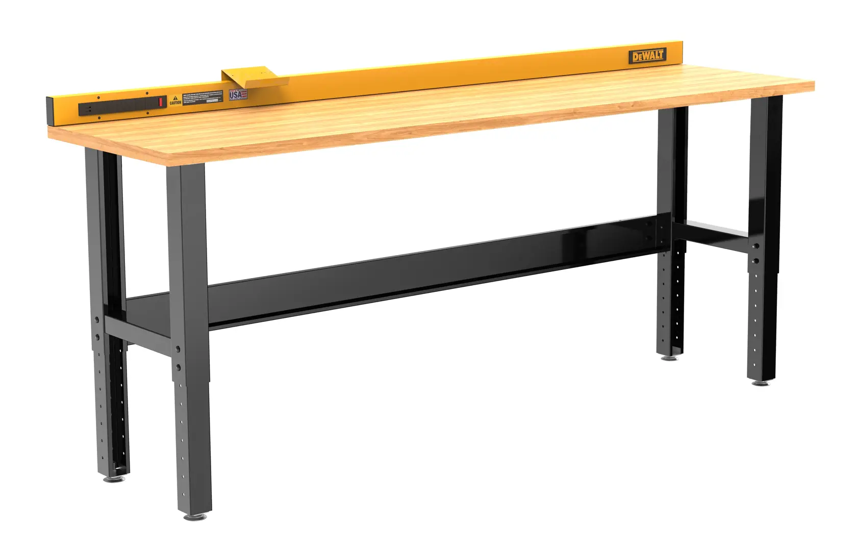 A DEWALT workbench with a wooden tabletop and adjustable black metal legs, featuring a yellow DEWALT-branded tool attached to the surface.