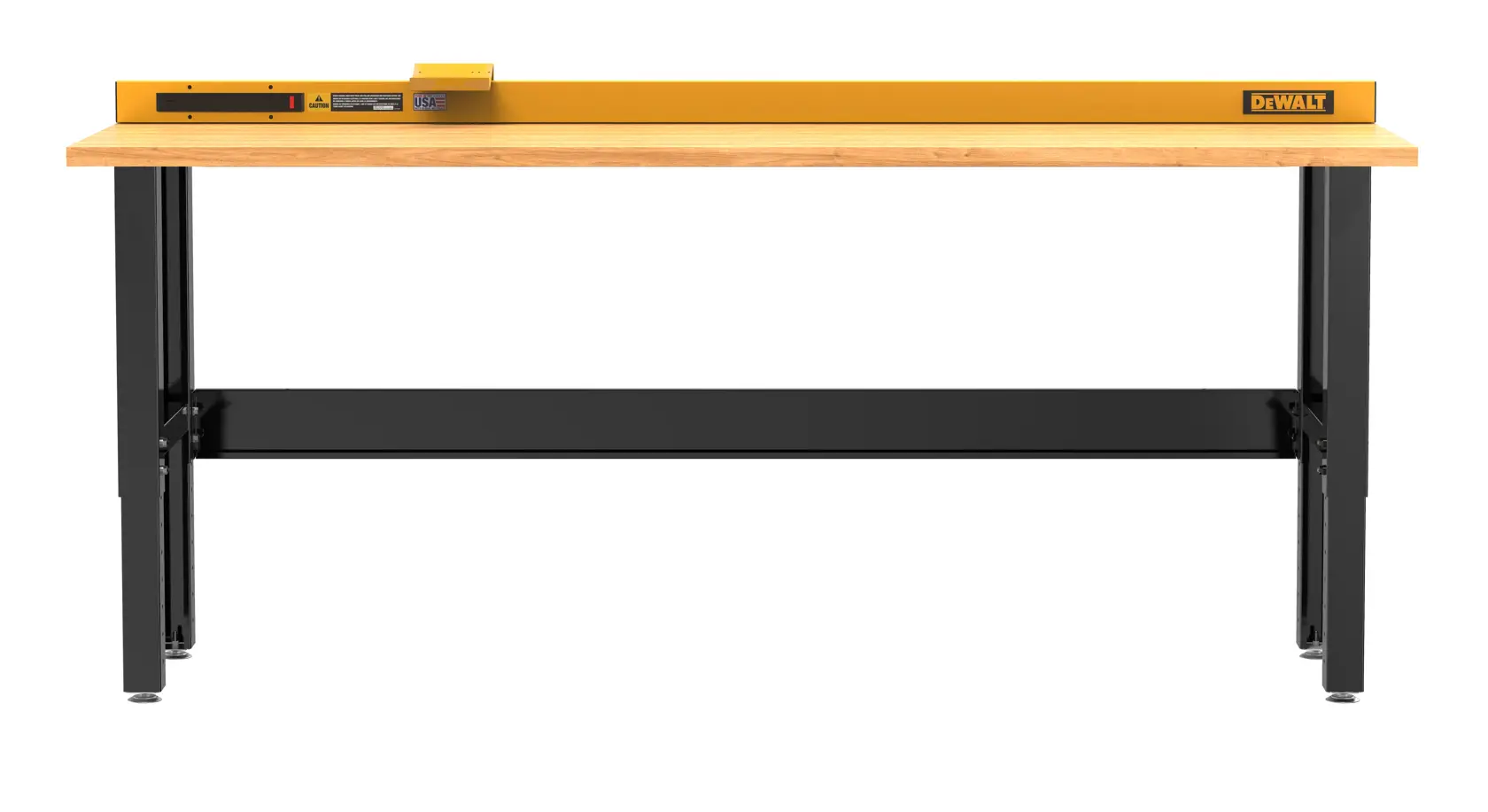 A DEWALT workbench with a wooden tabletop, black metal legs, and a yellow tool organizer attached to the back edge, photographed against a white background.