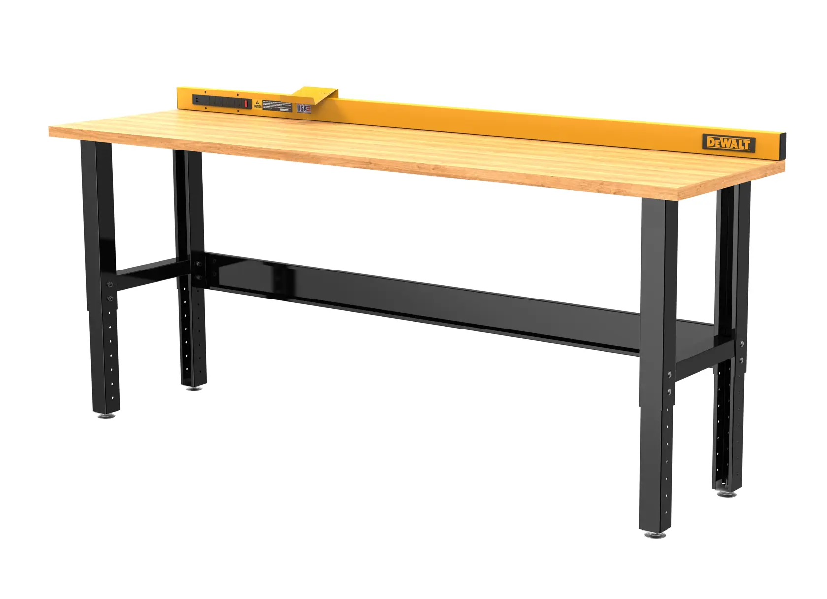 A DEWALT workbench with a wooden top, black adjustable metal legs, and a yellow backboard for organizing tools.