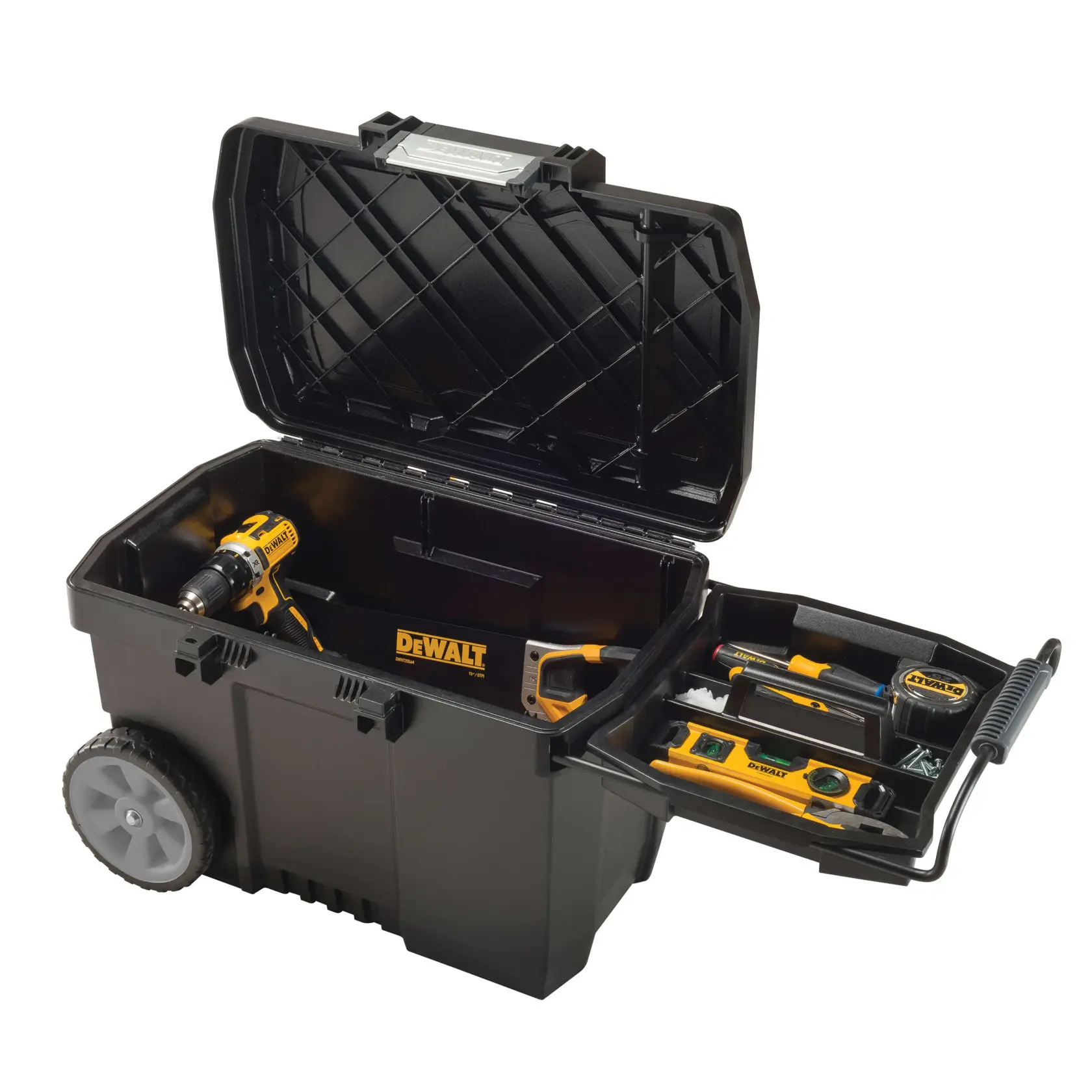 A black DEWALT rolling toolbox with an open lid, containing various DEWALT tools including a drill, a saw, a level, and other smaller tools organized in a removable tray.